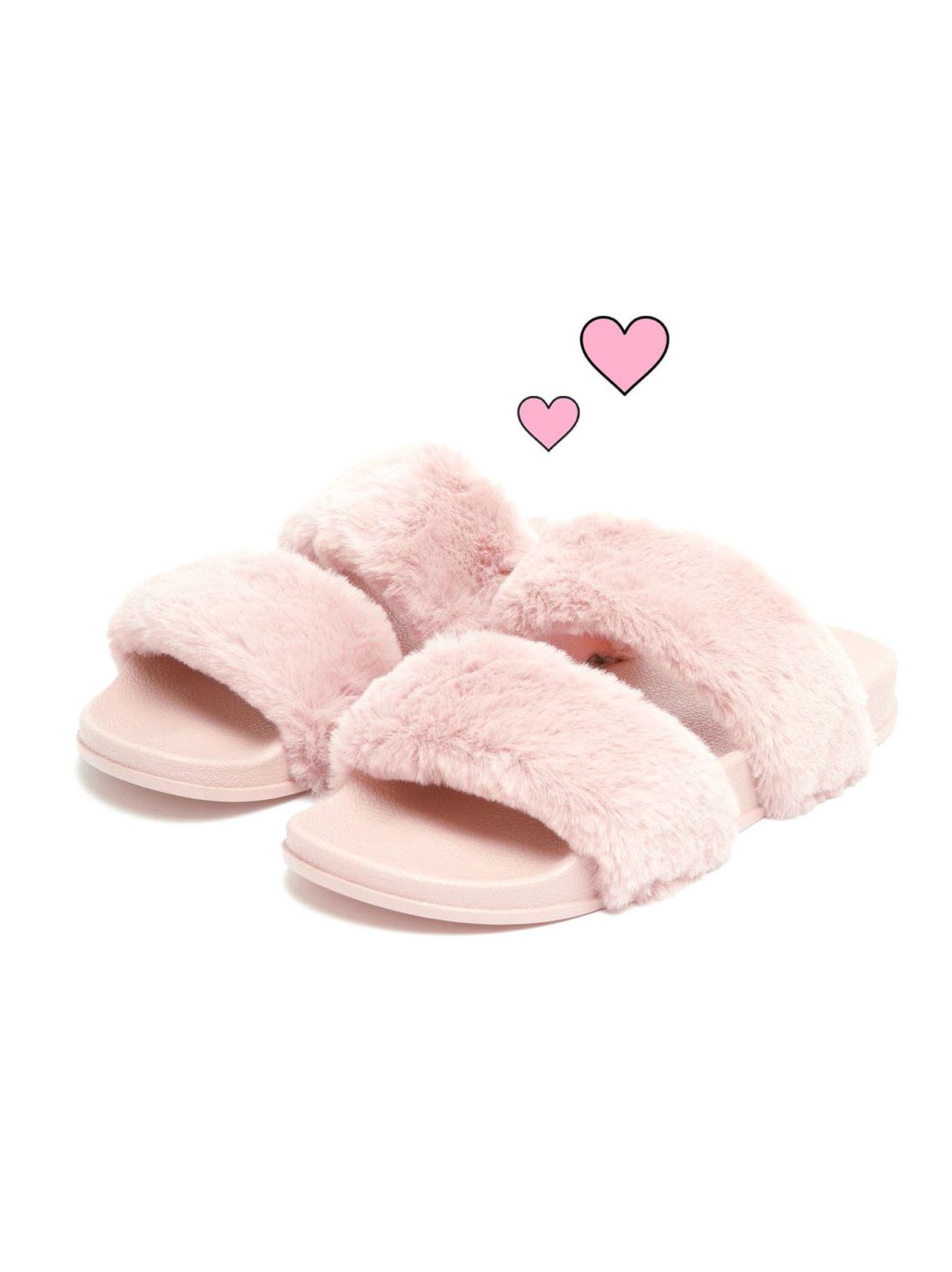 pink faux fur double strap slider slippers