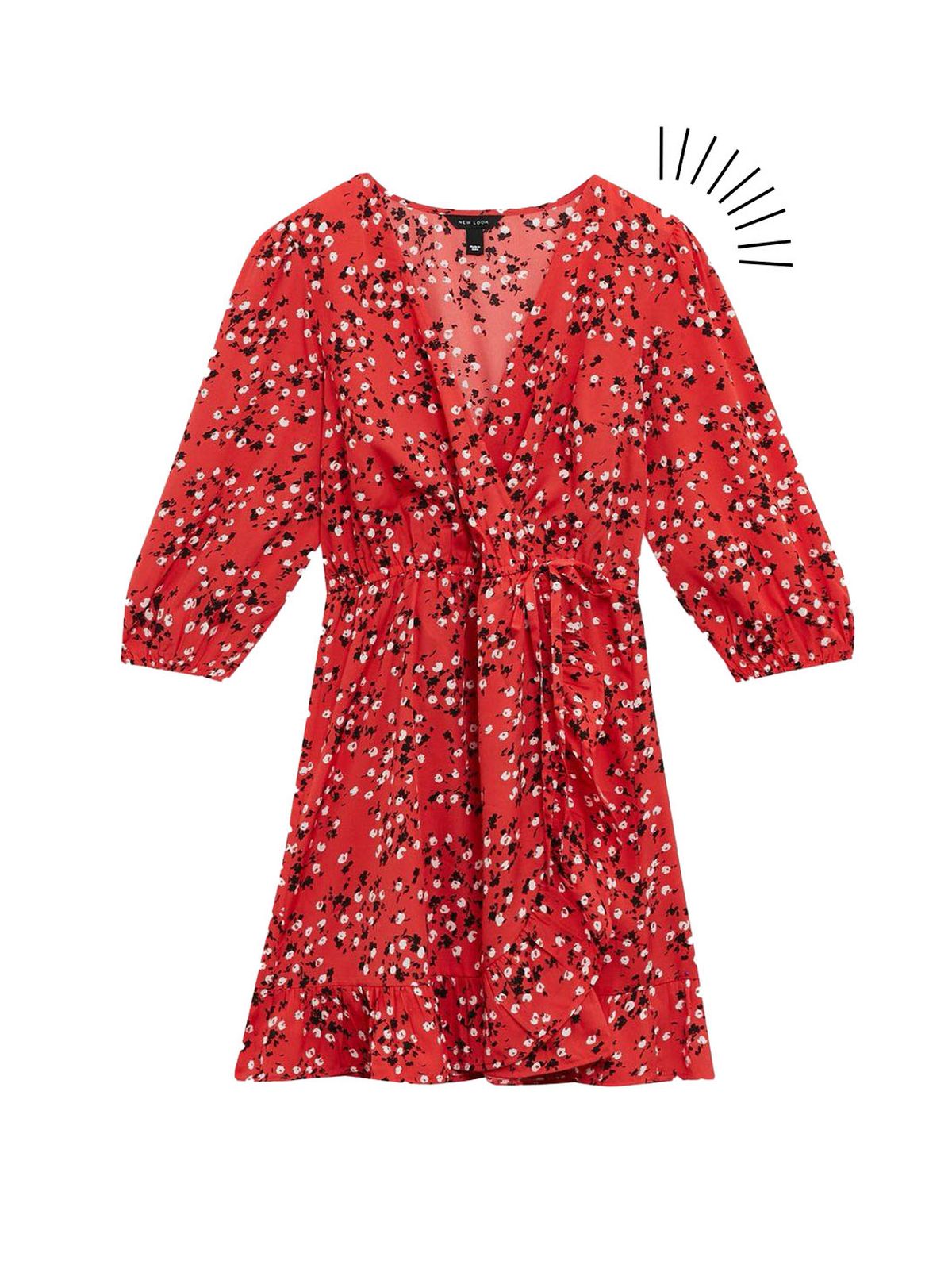 red ditsy floral wrap frill mini dress