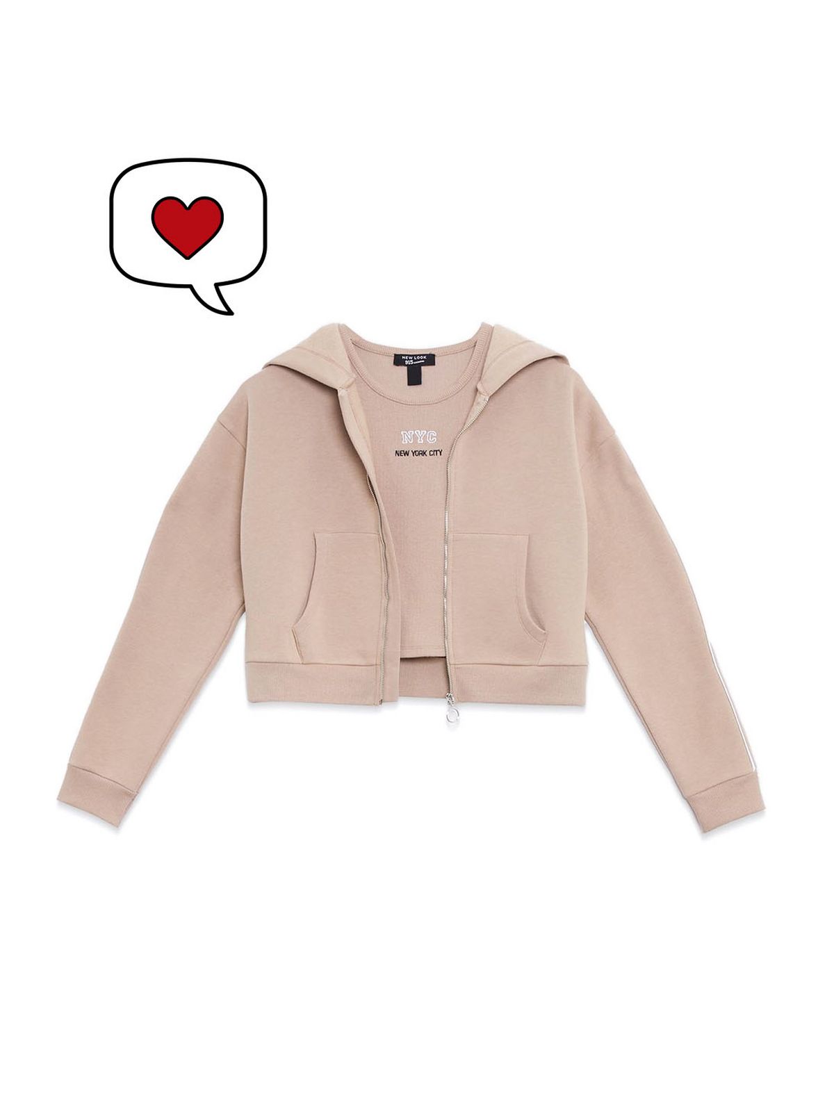 girls light brown nyc logo vest and zip hoodie set