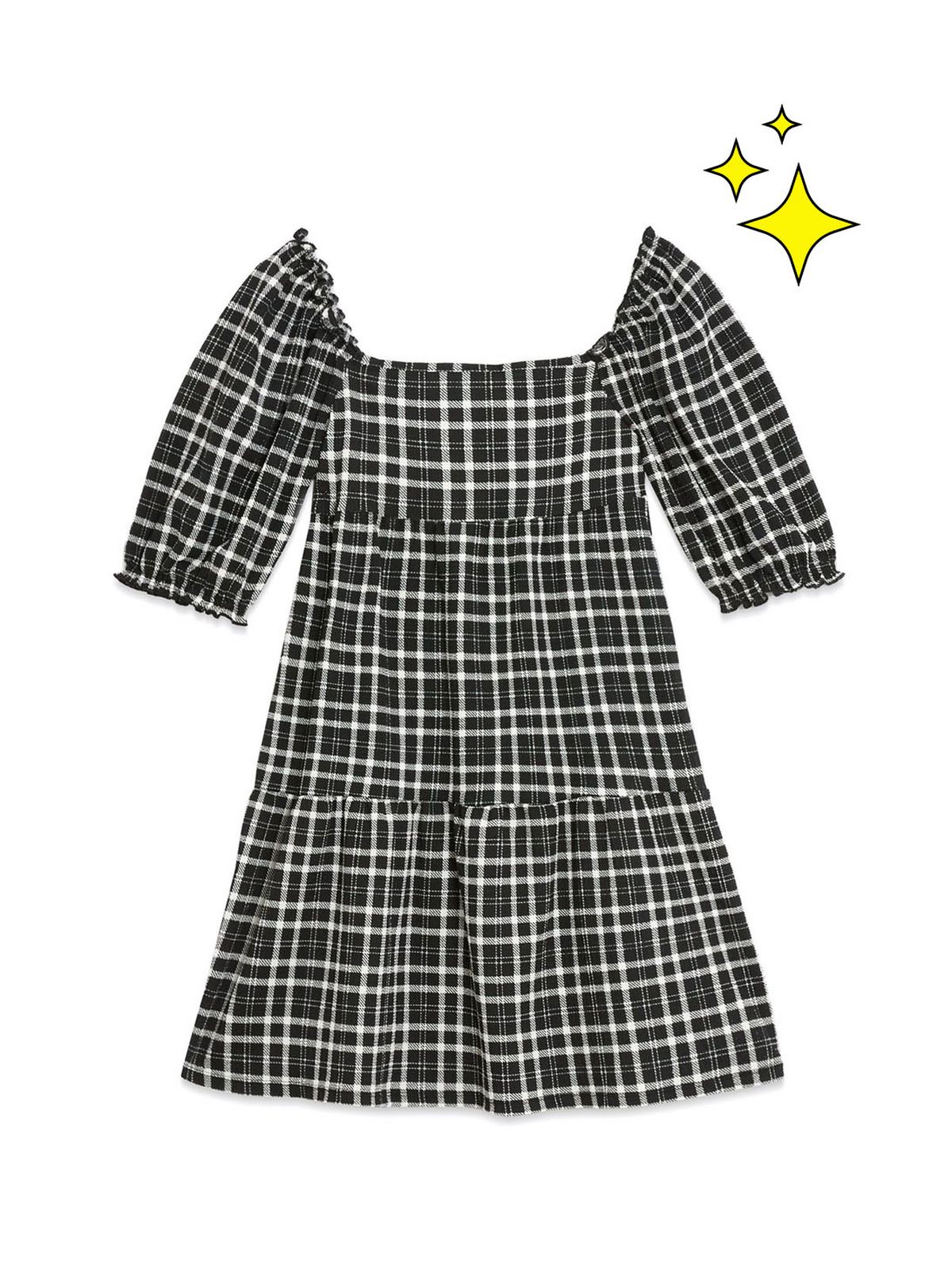 girls black check square neck smock dress
