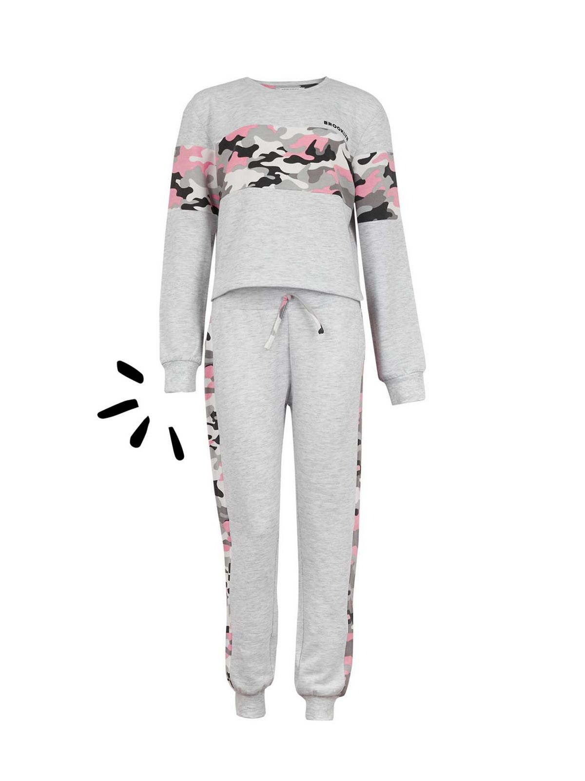 girls grey camo print sweatshirt and jogger set