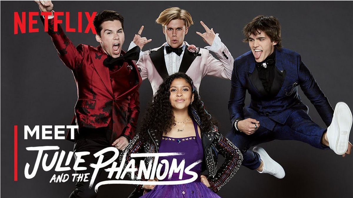 julie and the phantoms tv show poster featuring julie, reggie, alex and luke