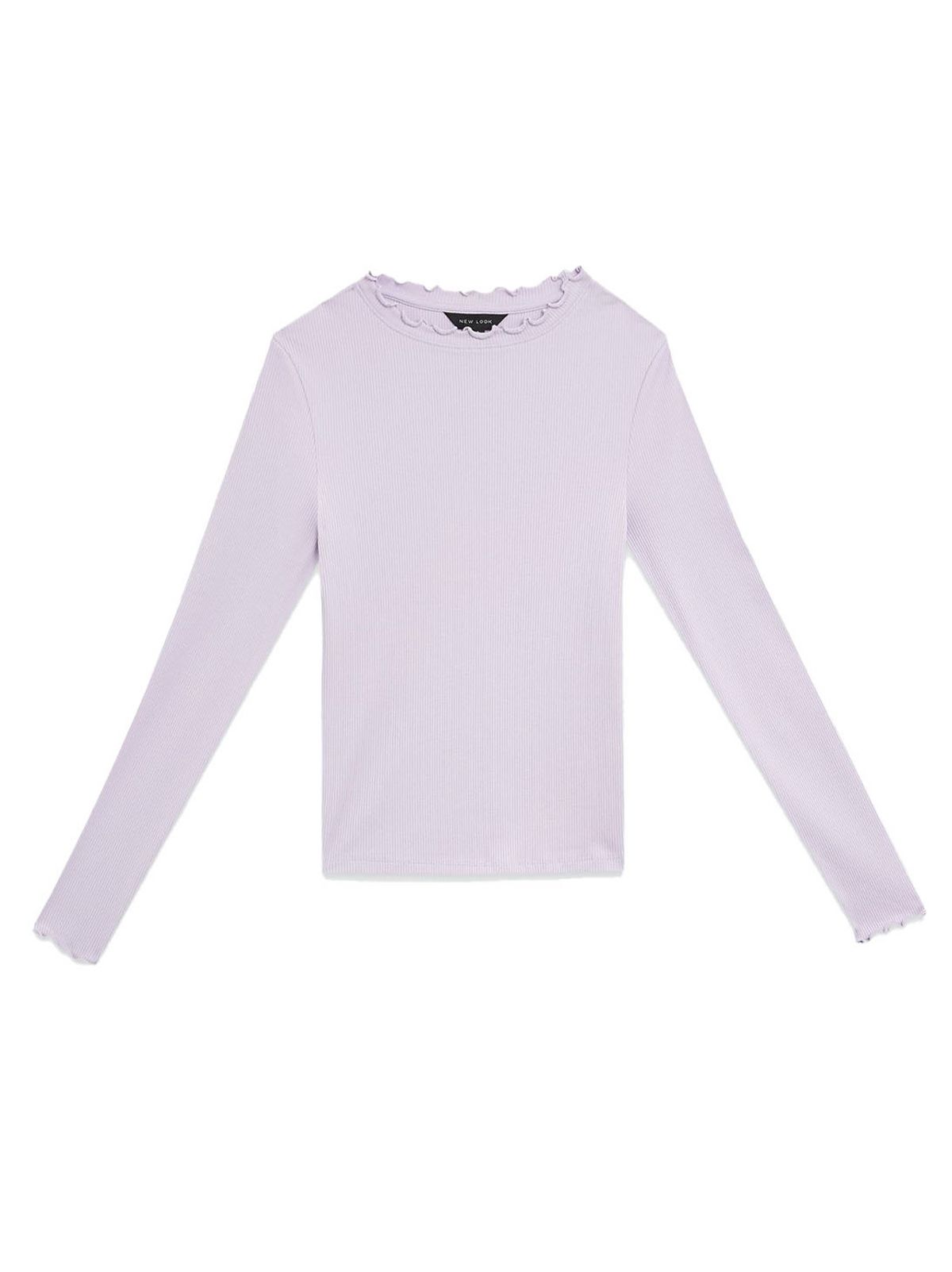 lilac ribbed frill trim long sleeve top