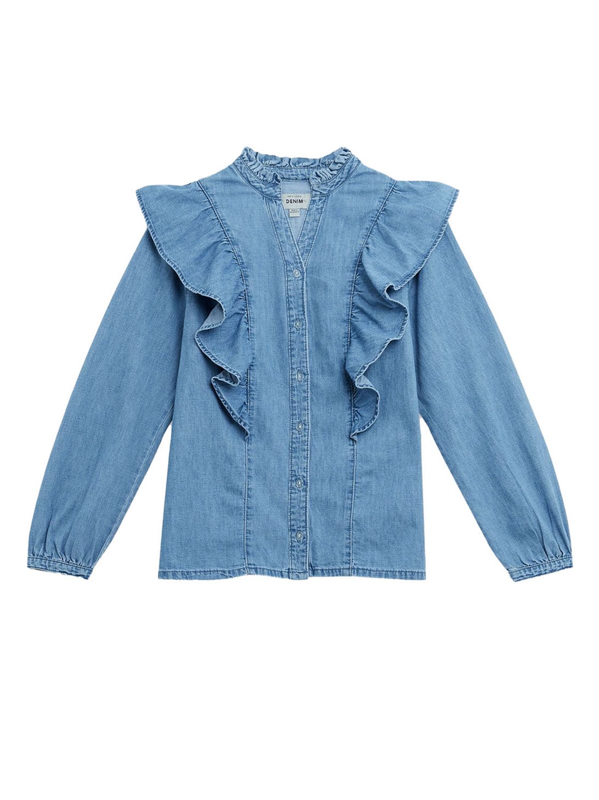 blue denim frill trim shirt