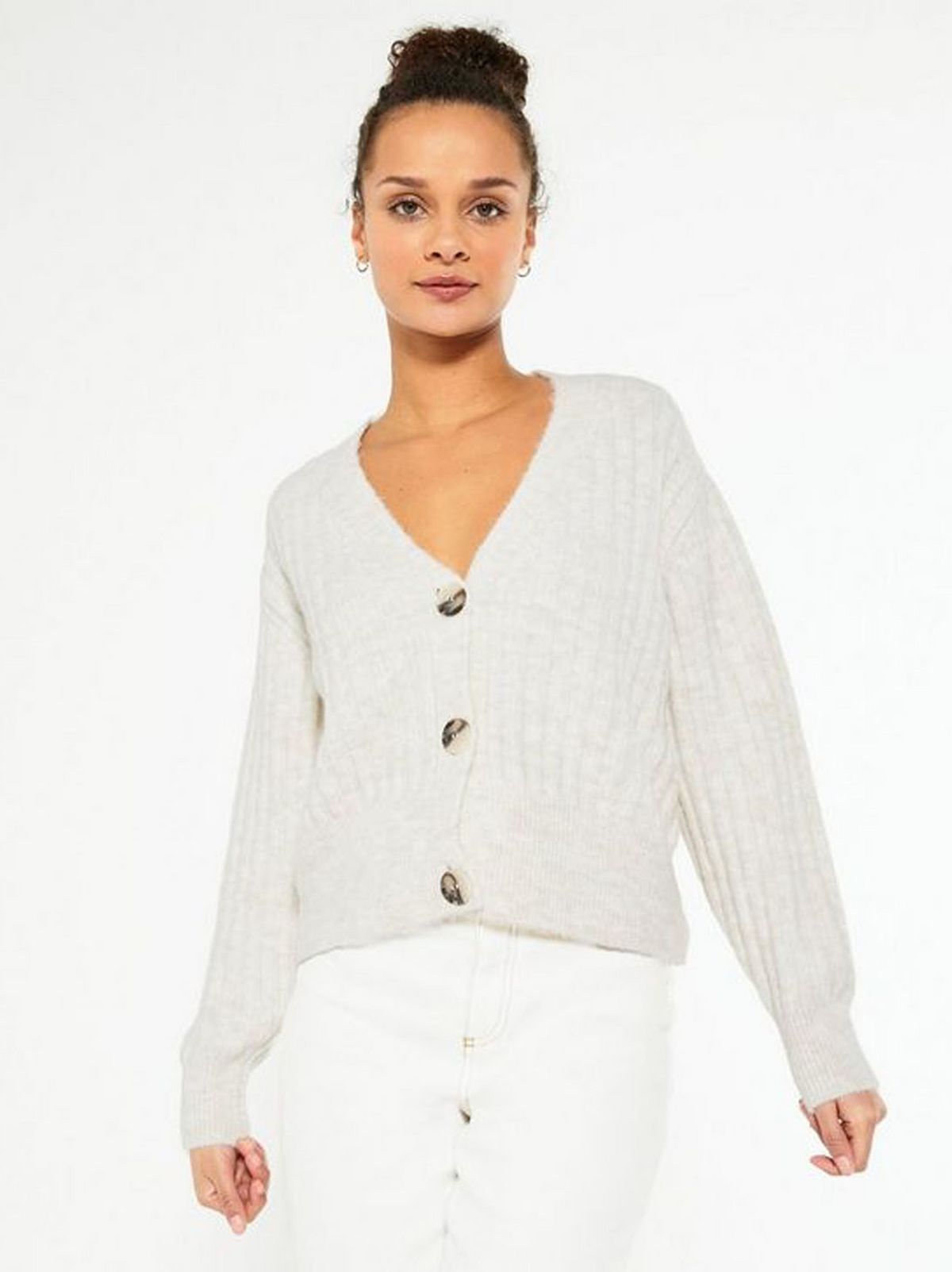 cream ribbed knit boxy cardigan