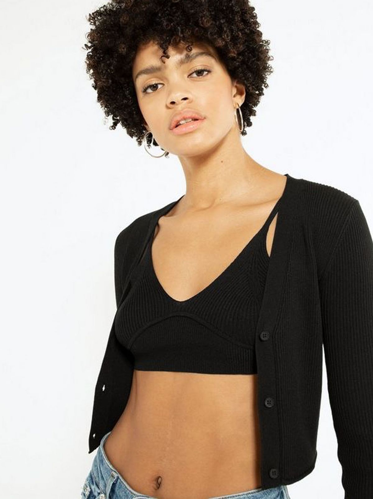 blue vanilla black knit bralette and cardigan set