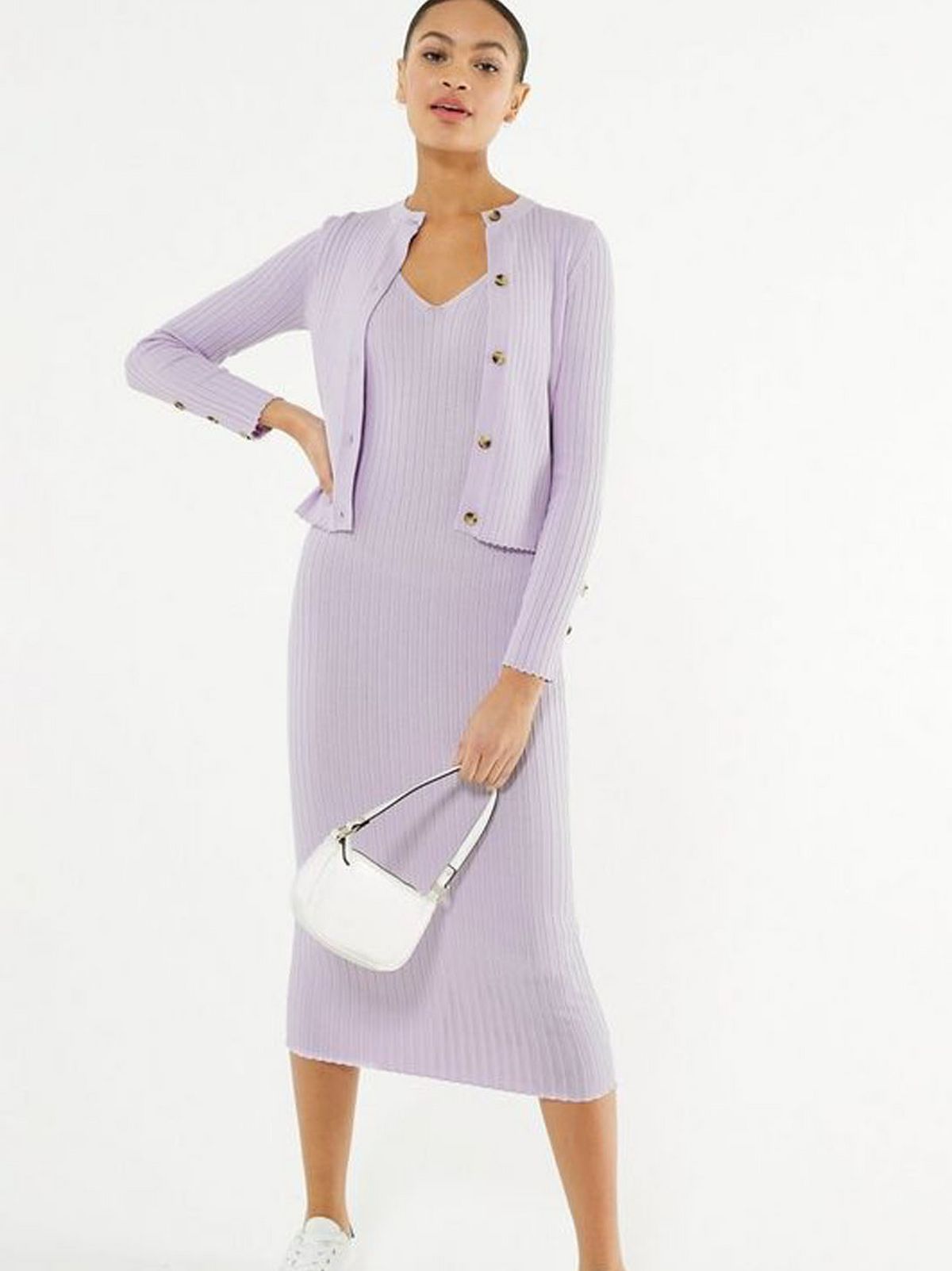 lilac ribbed knit midi dress and cardigan set