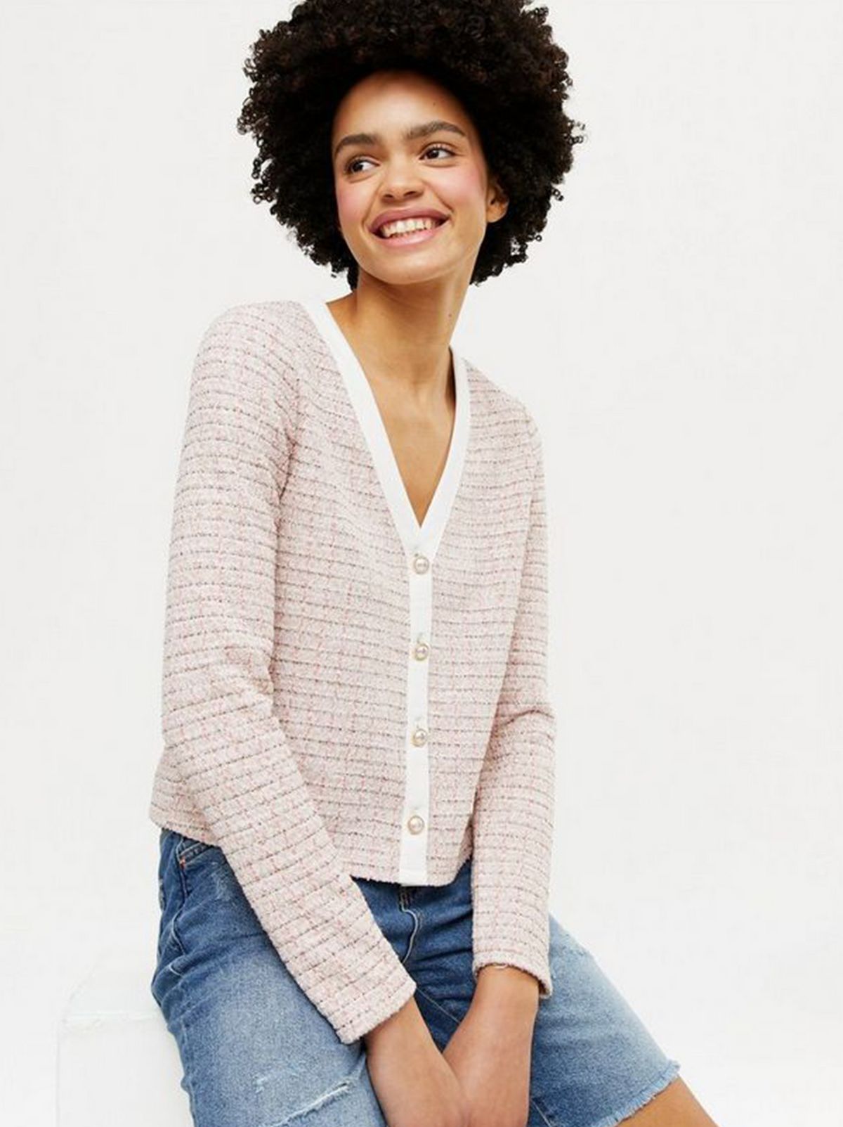 pink bouclé faux pearl button cardigan
