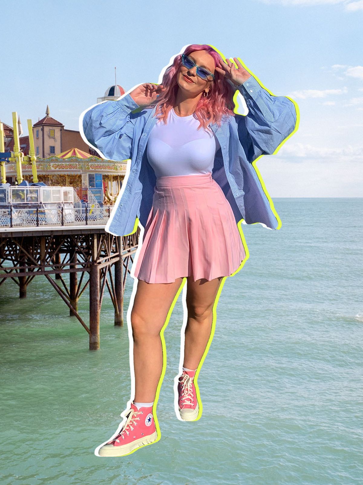 Chloe Wilshere wearing a blue poplin shirt, blue top and pink skirt