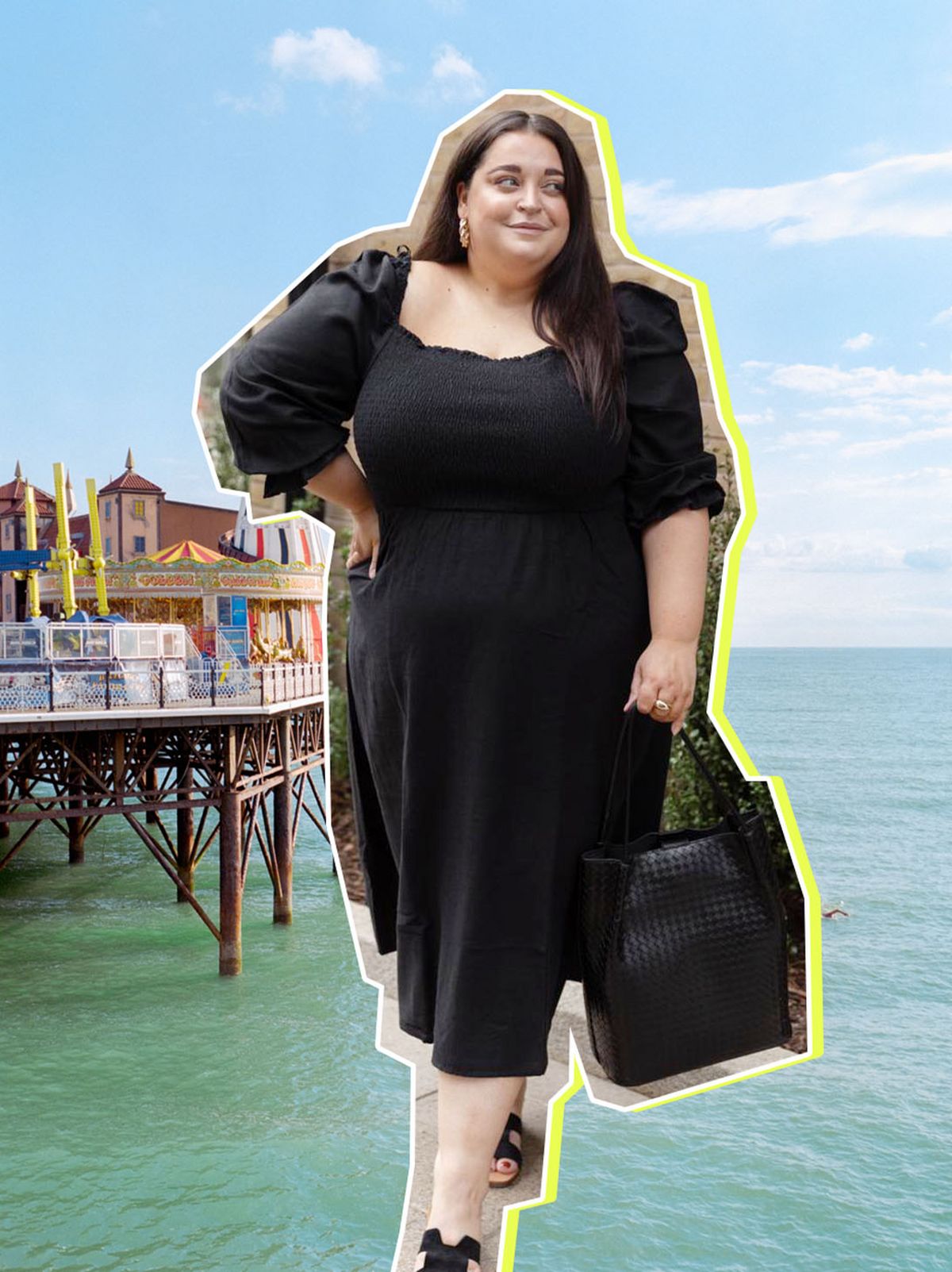 Danielle Vanier wearing black evening dress and black handbag