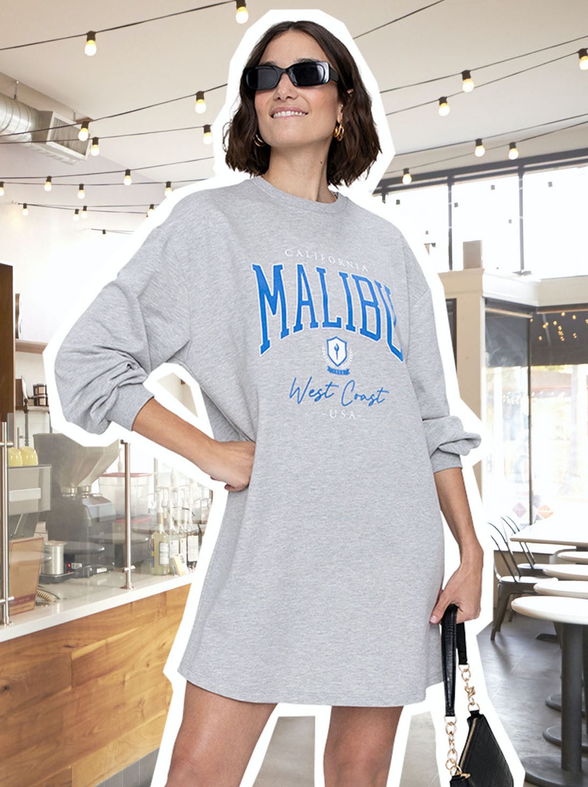 Model Emory Ault wearing grey jumper dress
