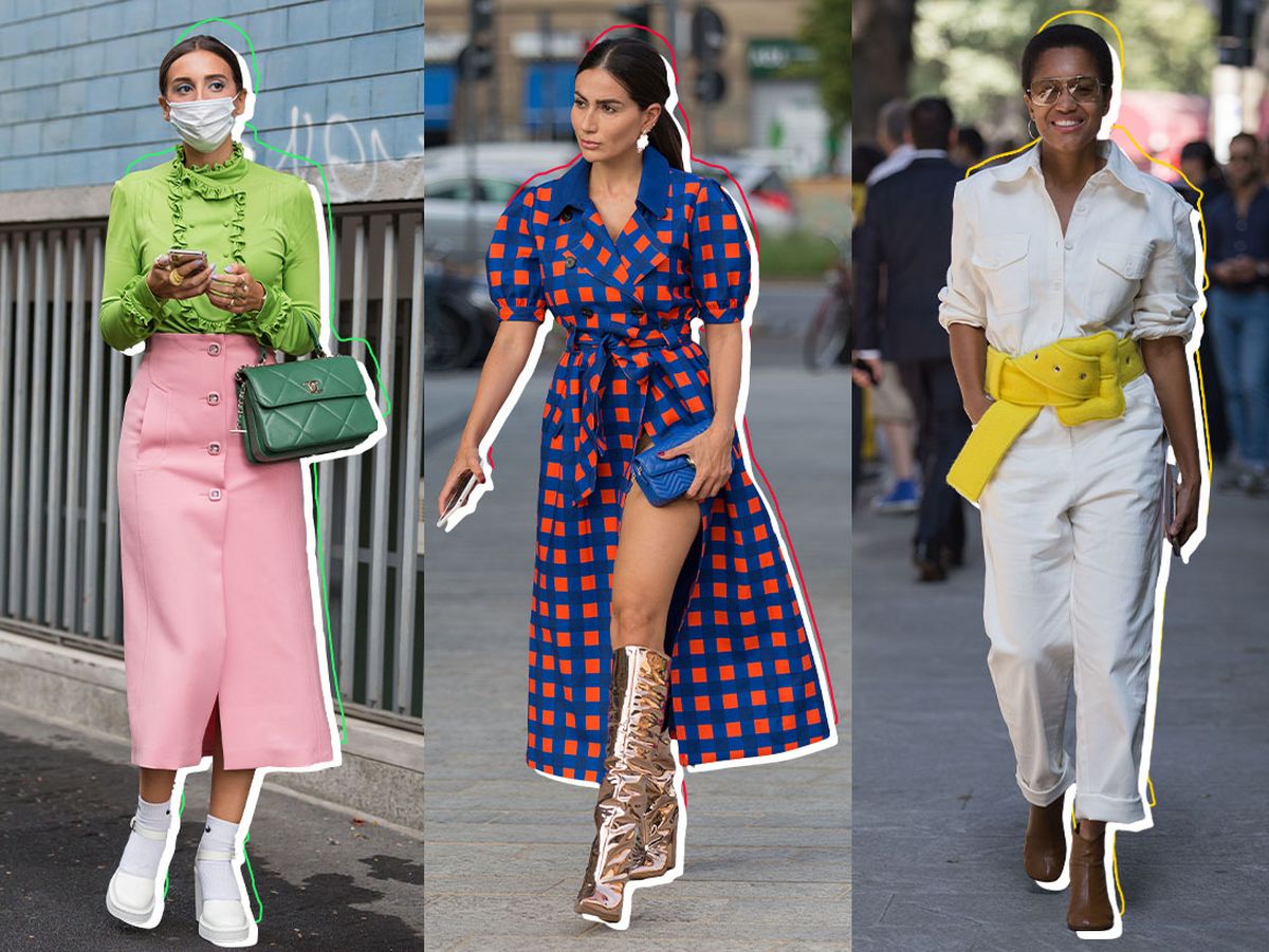 Women wearing spring colour trends: green long sleeve top with a pink skirt, red and blue patterned dress and cream jumpsuits.