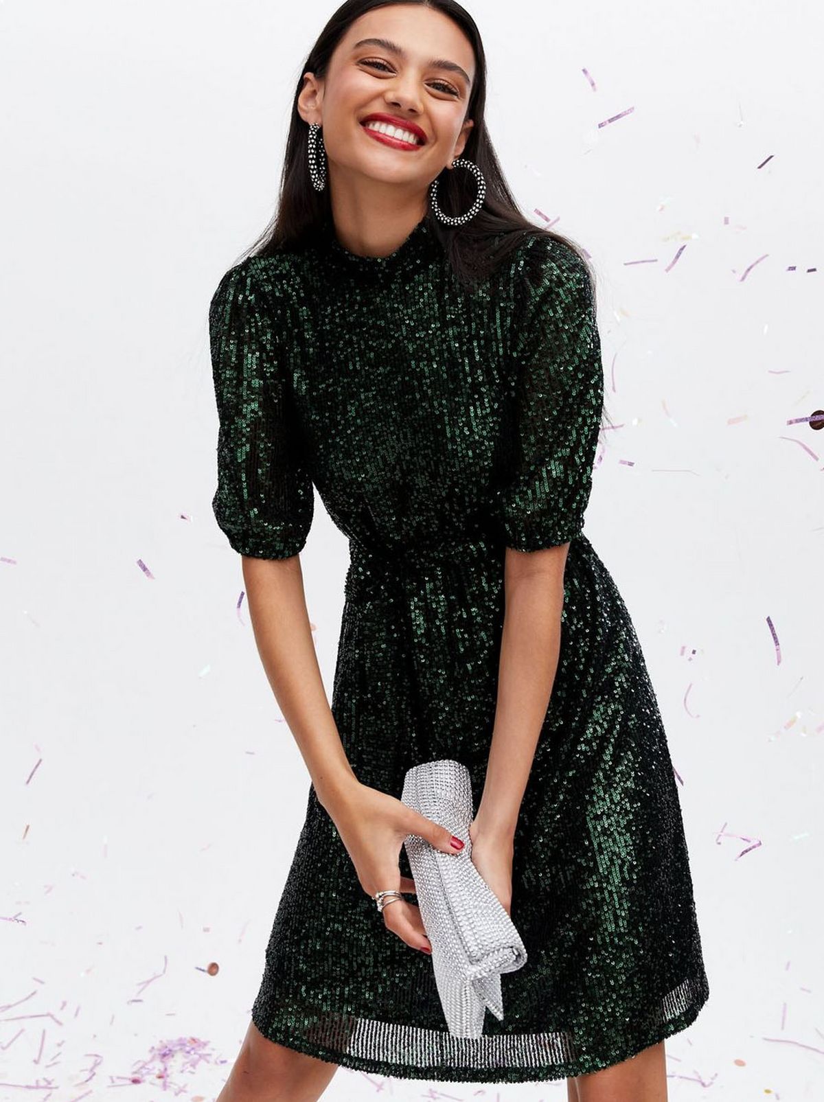 Woman wearing a Dark Green Sequin High Neck Mini Tunic Dress