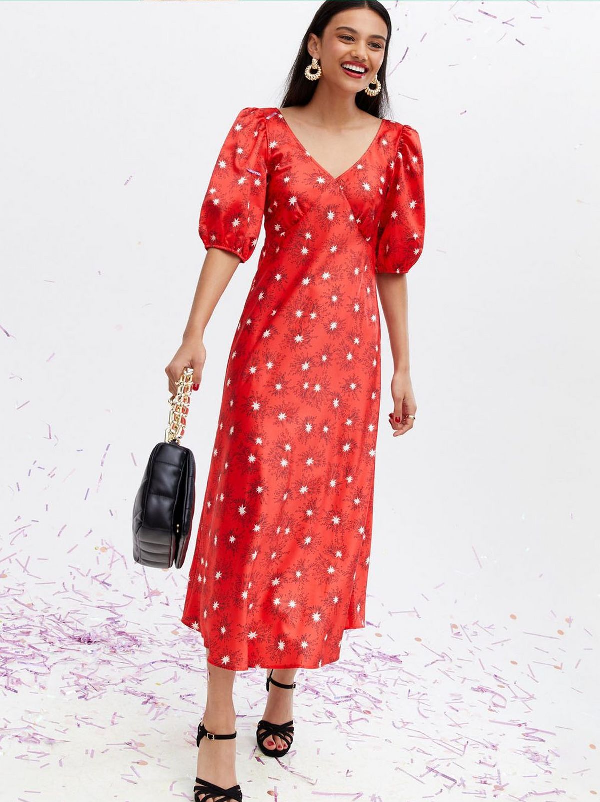 Woman wearing a Red Shooting Star Satin Tie Back Midi Dress