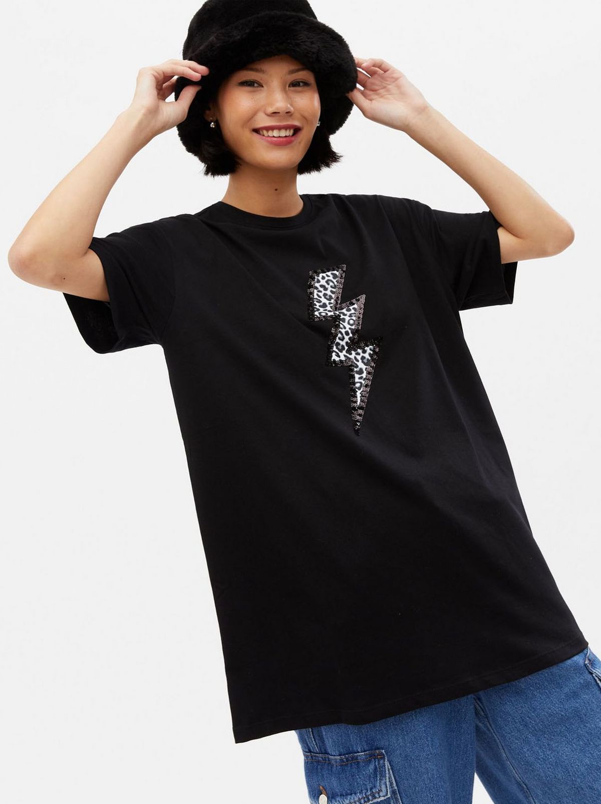 Women's Black Leopard Print Sequin Lightning Bolt T-Shirt	