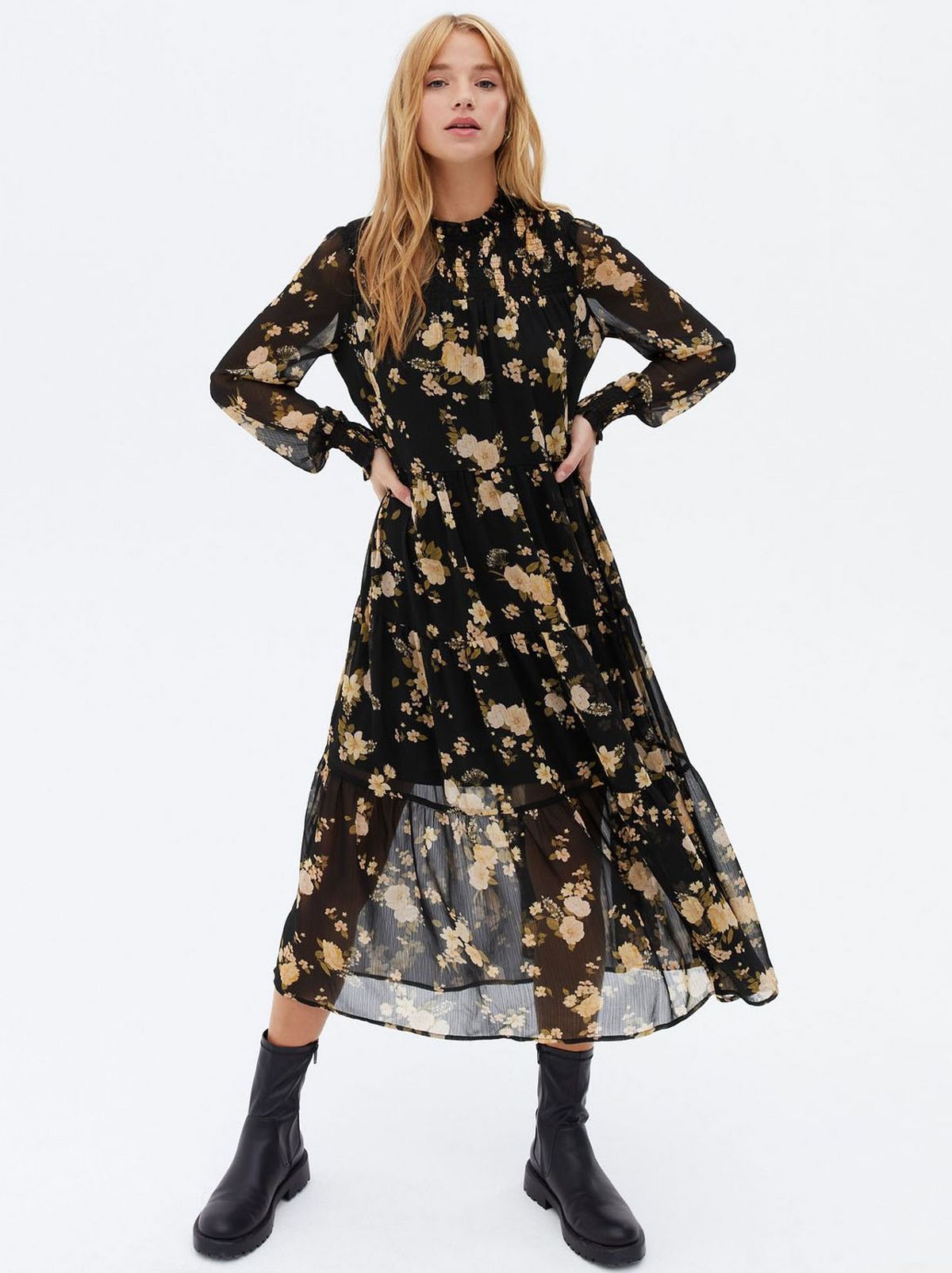 Women's Black Floral Chiffon Frill High Neck Midi Oversized Smock Dress 	