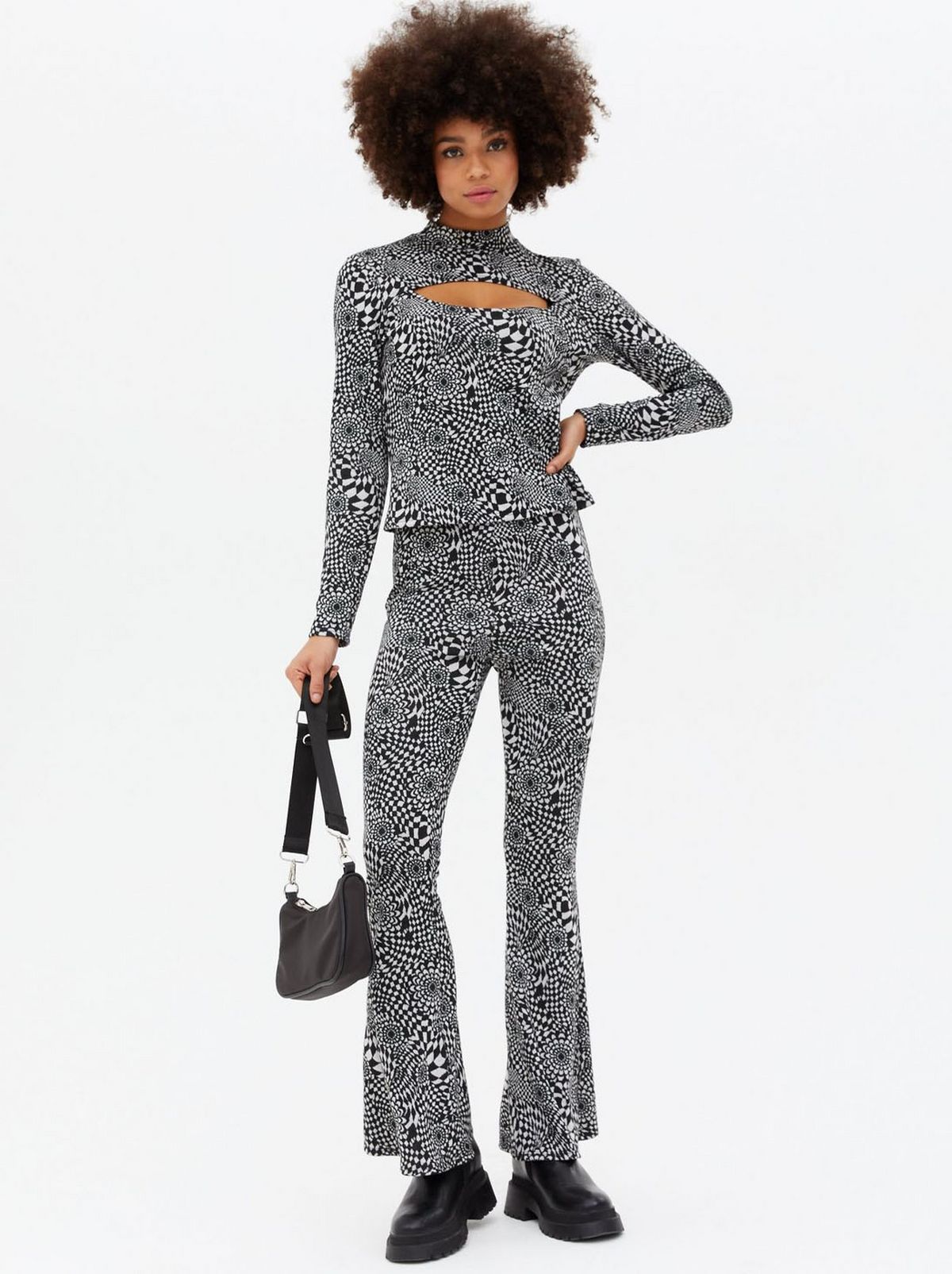 Women's Black Retro Check High Waist Flared Trousers 	