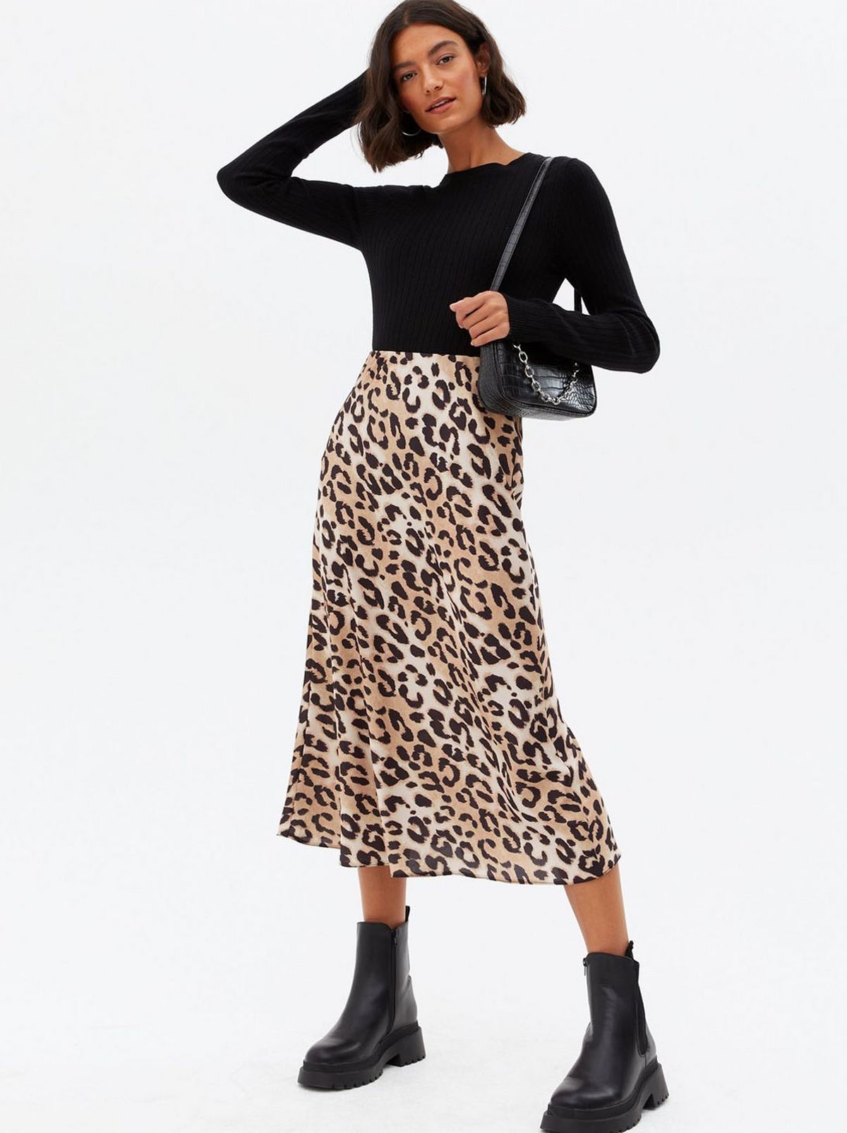 Women's Brown Leopard Print Satin Bias Cut Midi Skirt	