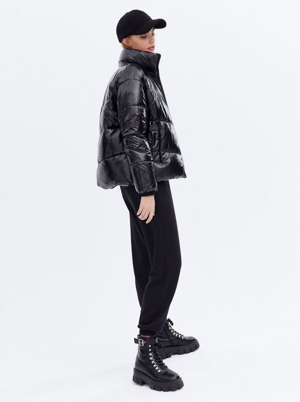 Women's Black Wet Look High Neck Boxy Puffer Jacket	