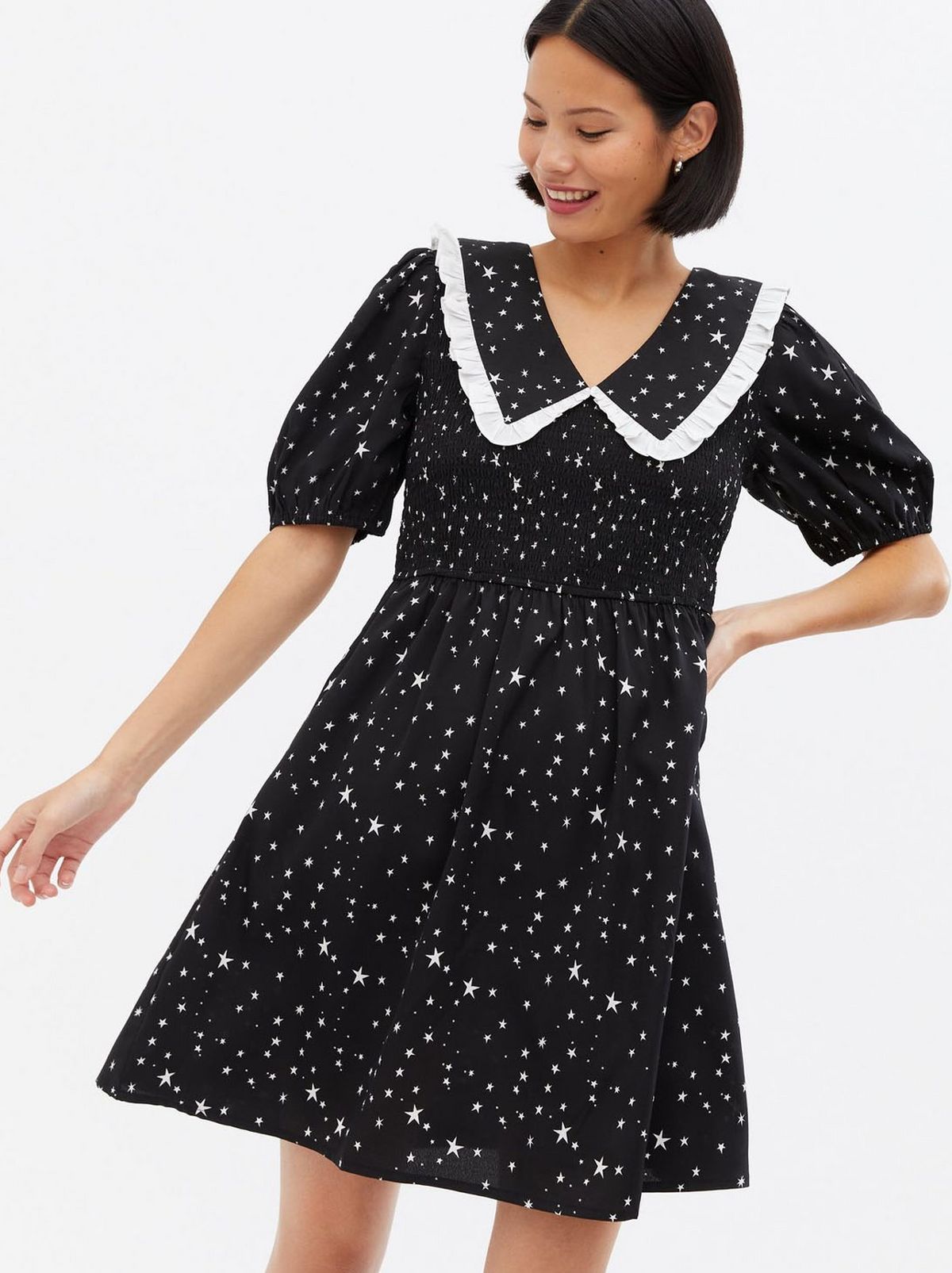 Women's Black Star Frill Collar Mini Tea Dress	