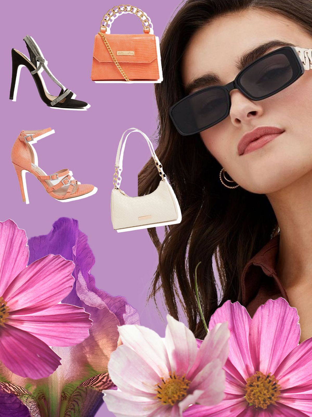 Black strass heels  Cream chain clutch bag  Rectangular black sunglasses   Peach chain clutch bag   Peach high heels