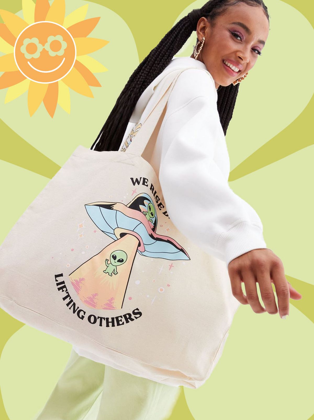 cream spaceship logo tote bag