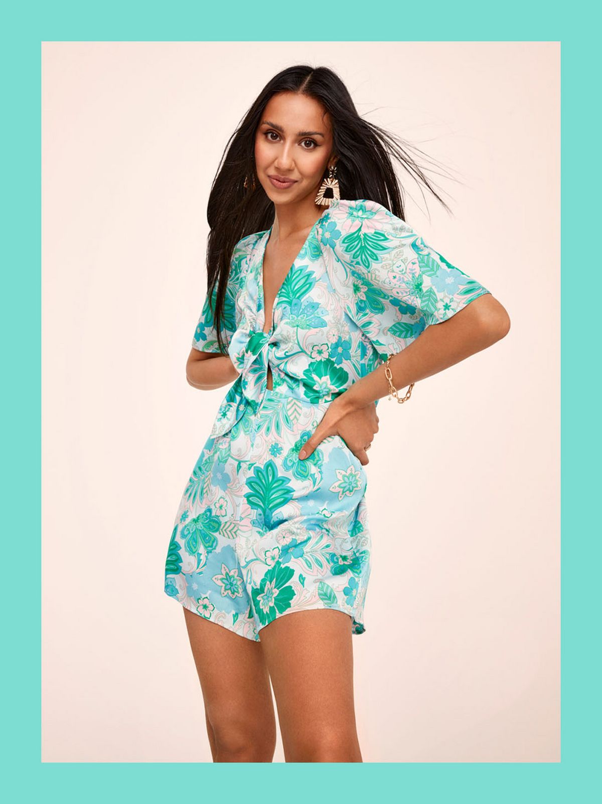 Henna Randhawa in A Turquoise and White Short Sleeve Playsuit