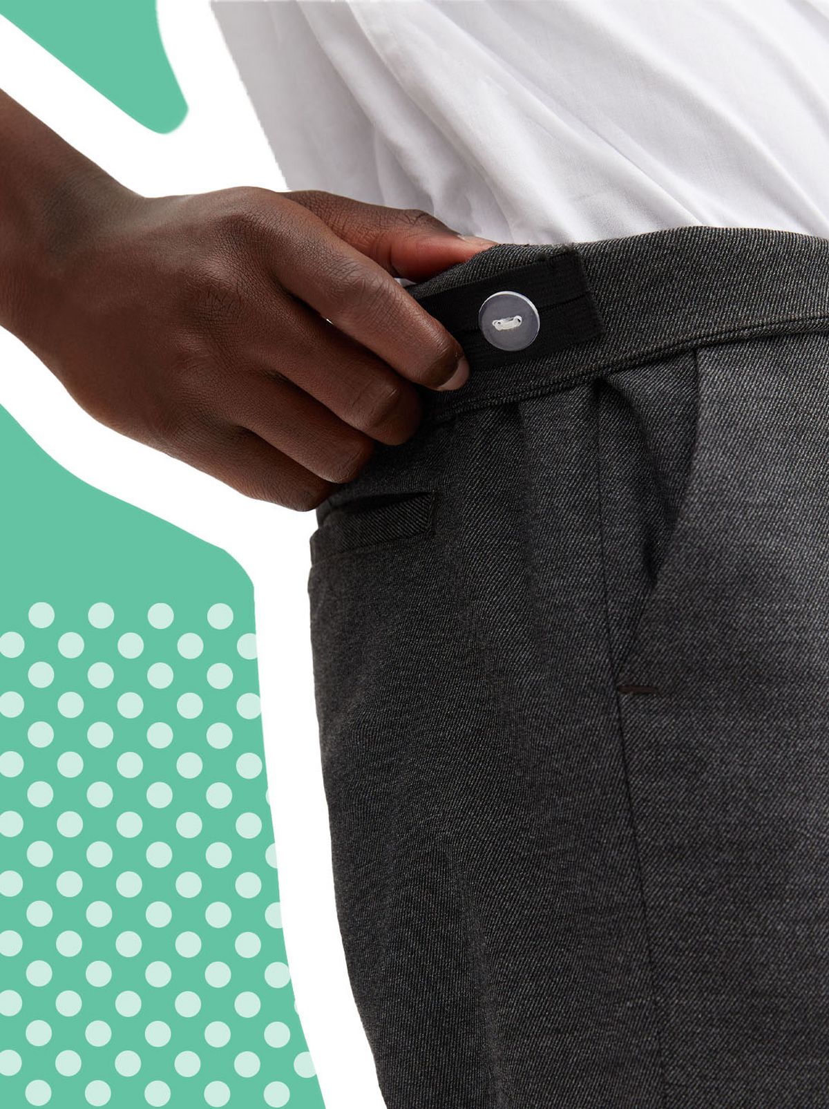 A close up side on shot of a pair of boys school trousers with an adjustable waist