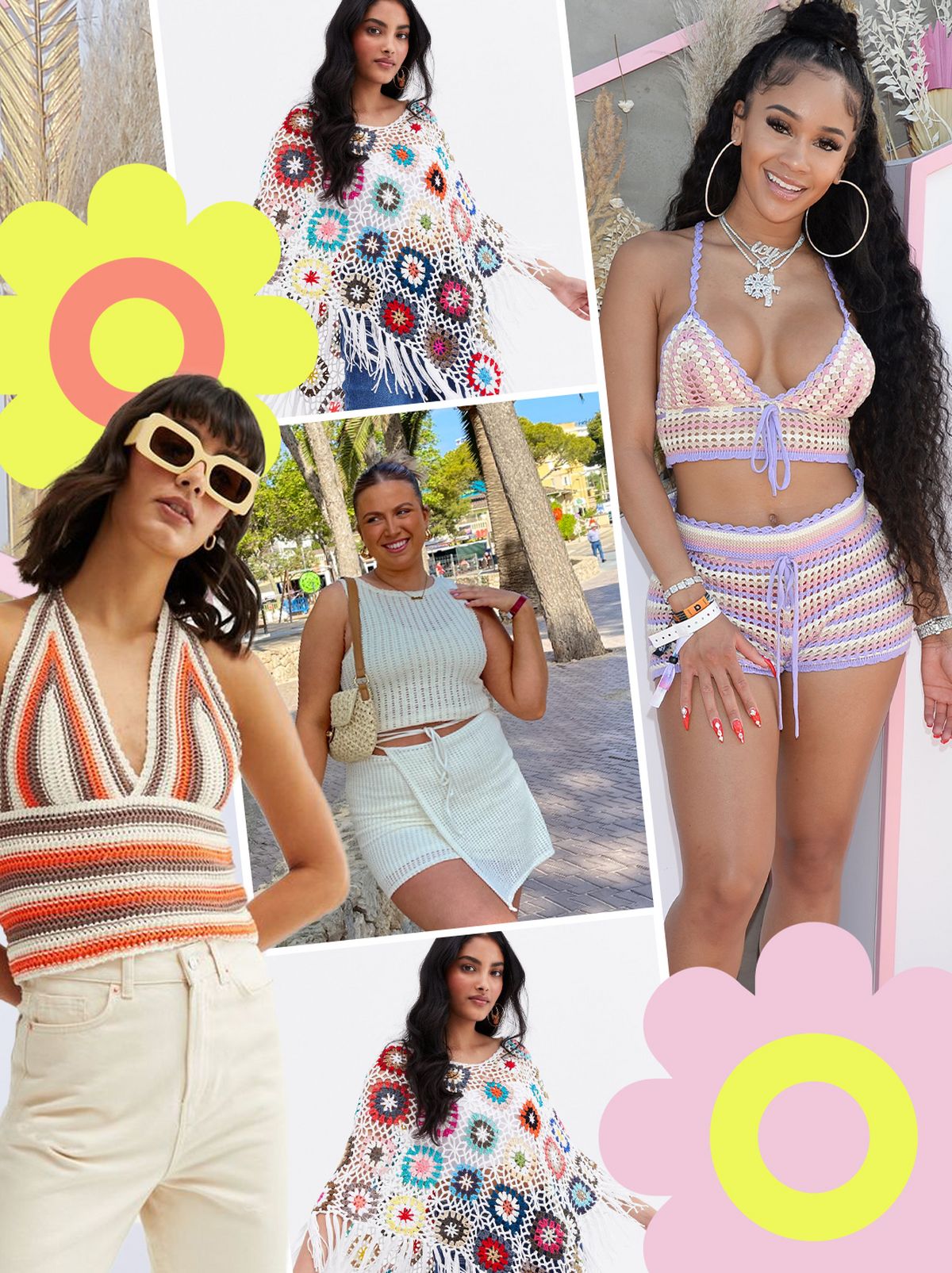 A selection of women wearing different crochet tops