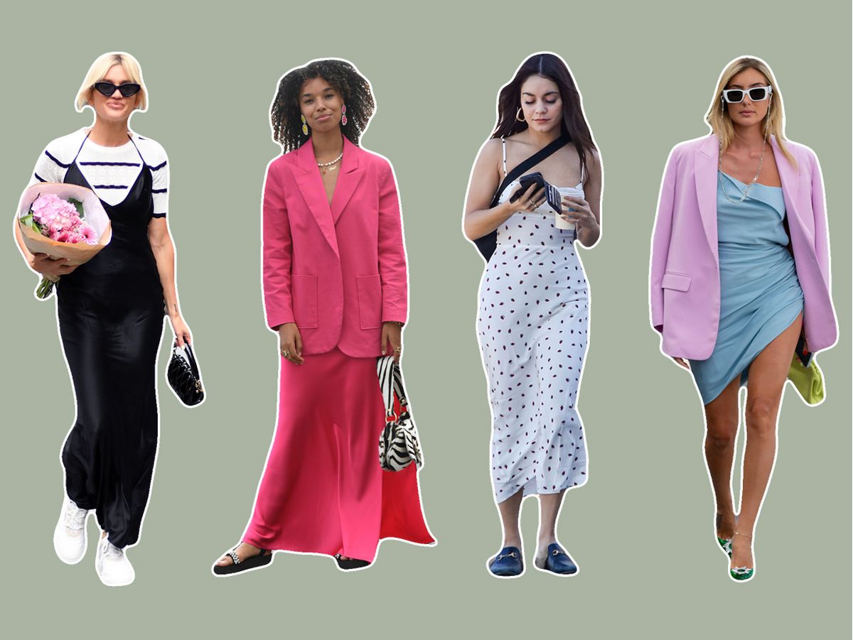 A collage of women wearing slip dresses walking down different city streets