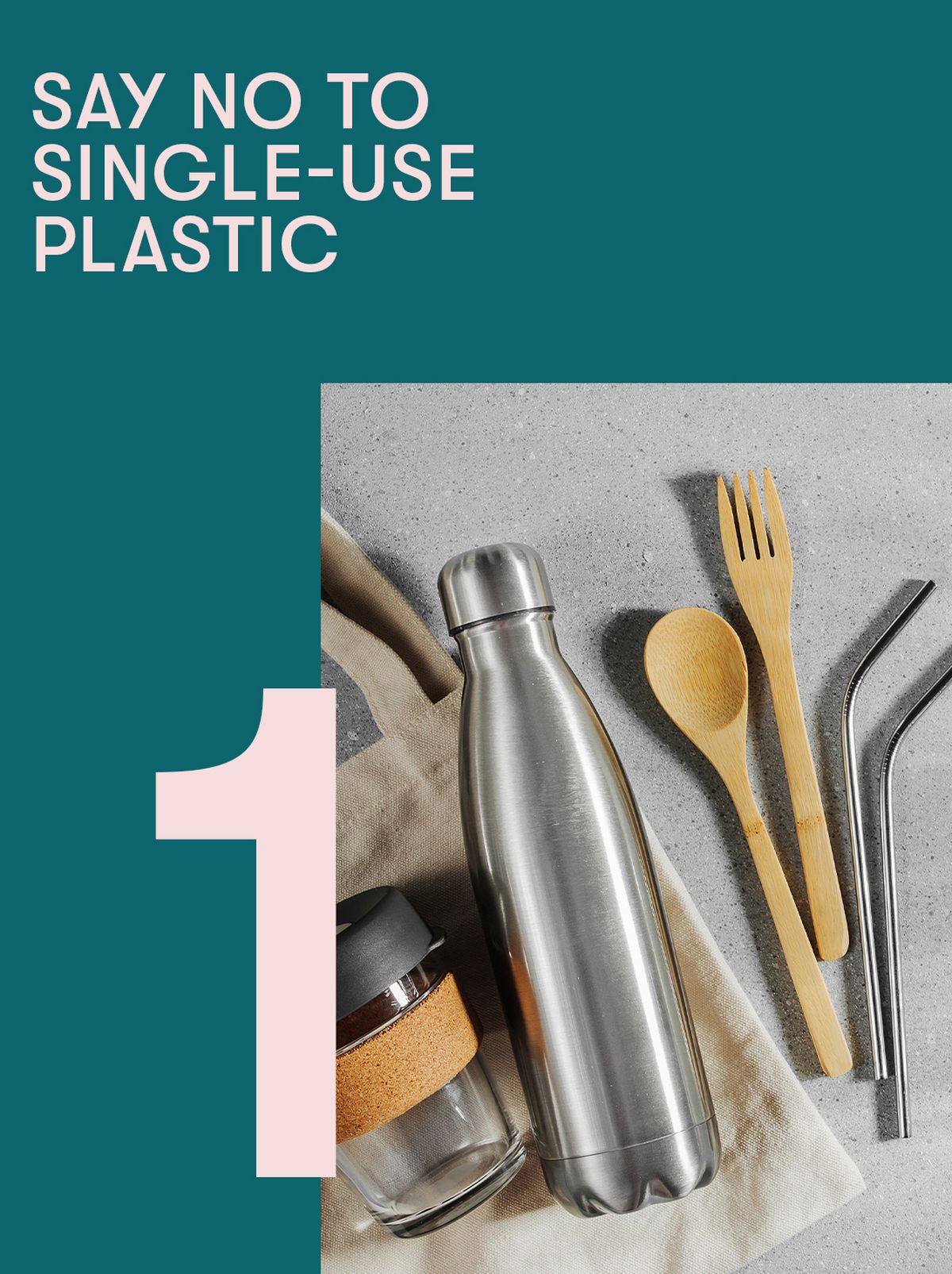 There is a tote bag with a metal water bottle, some wood cutlery, a few metal straws and a glass jar