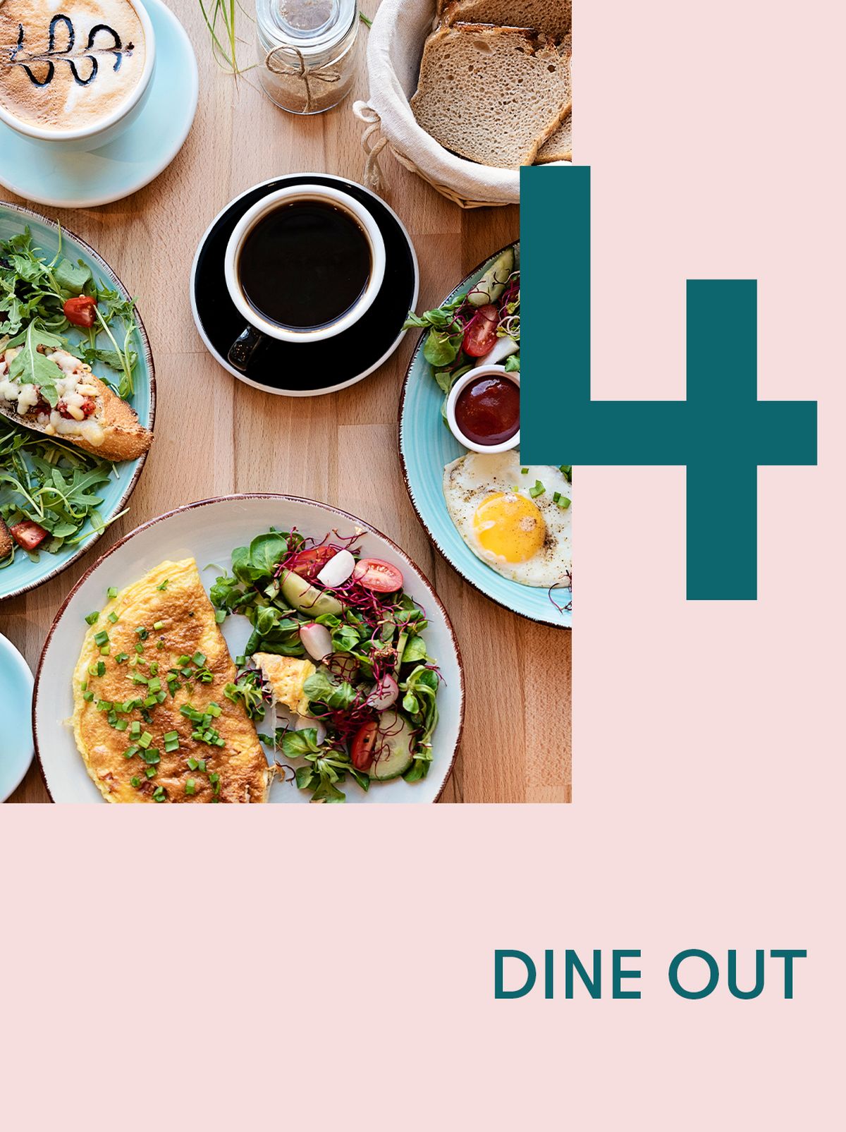 A dinner table has several dinner plates filled with food and a few cups of coffee, with some people holding knives and forks eating food