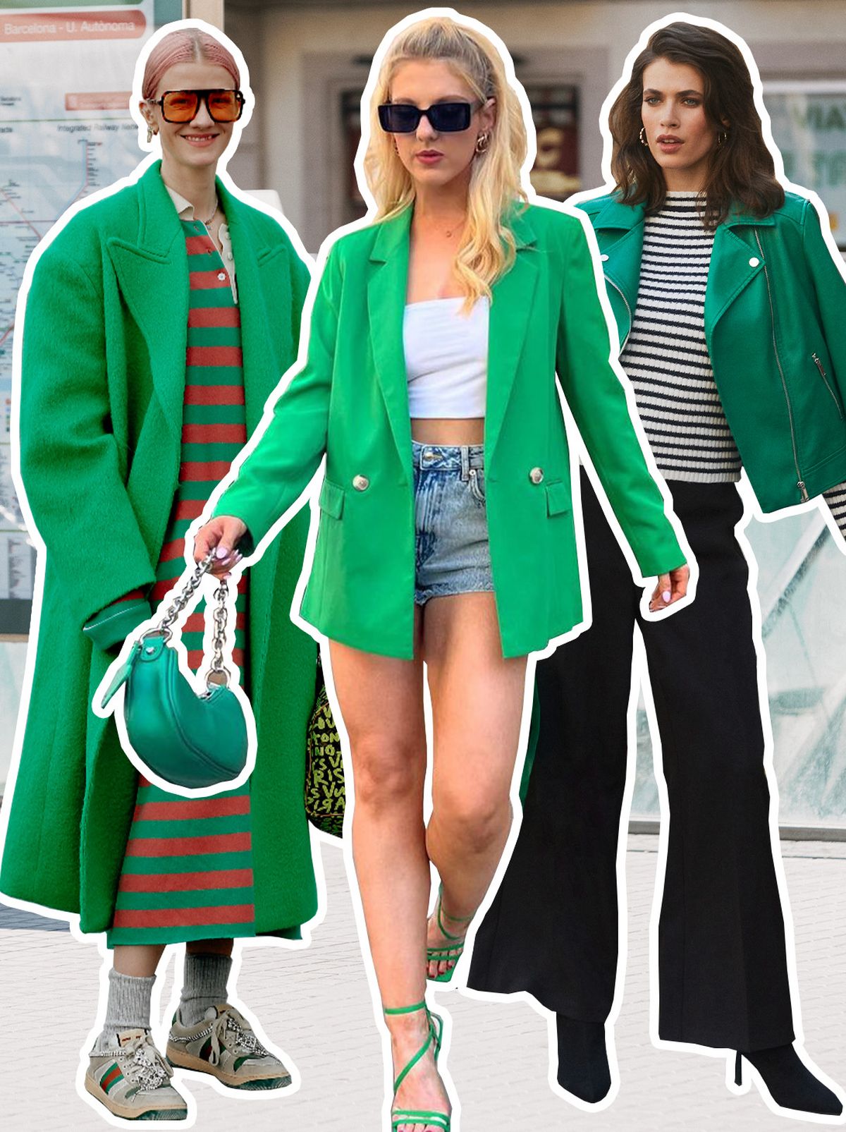 Women wearing a range of green autumn outfits, dresses, blazers, coats and trousers