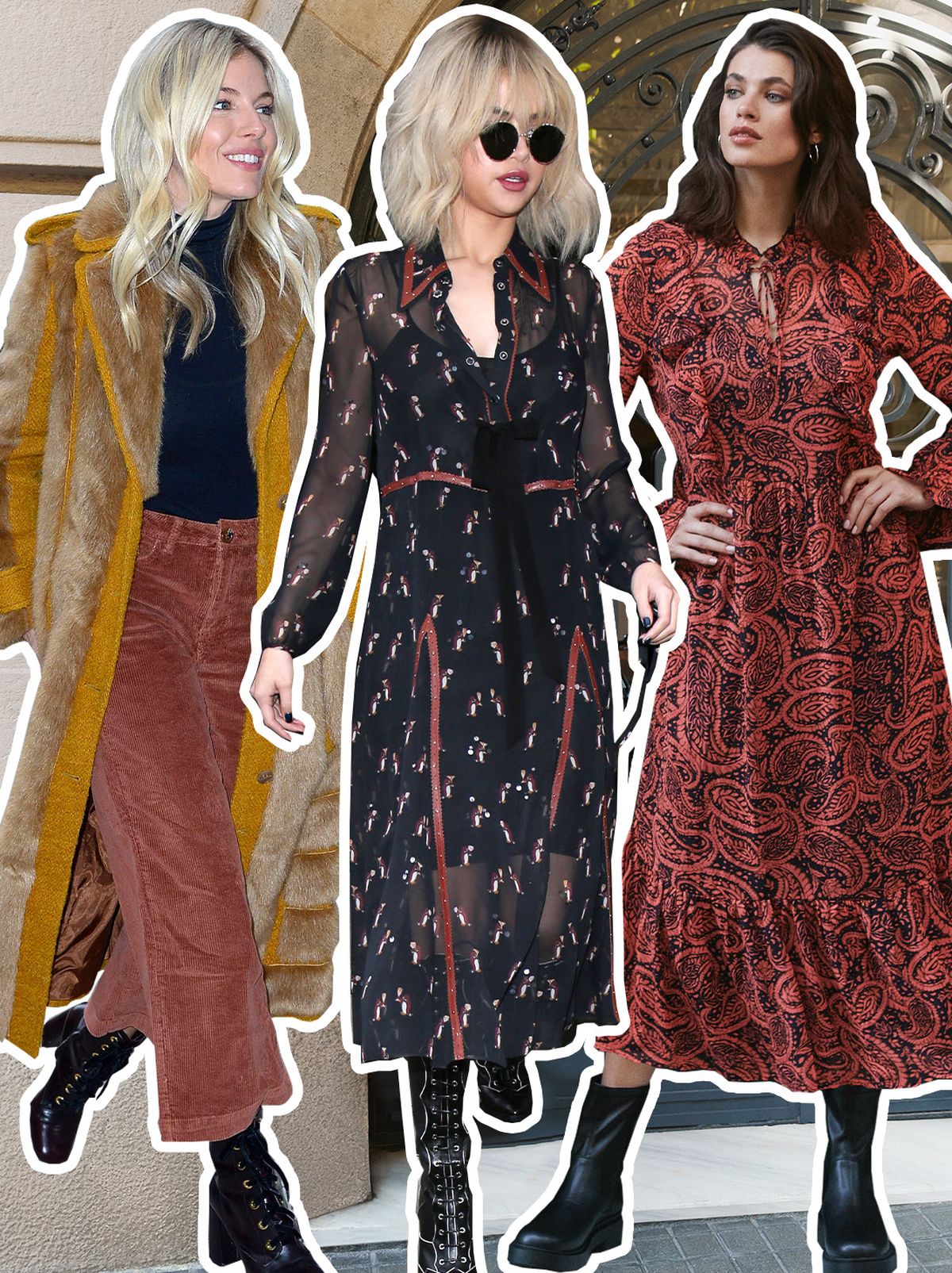Women wearing 70's inspired autumn outfits