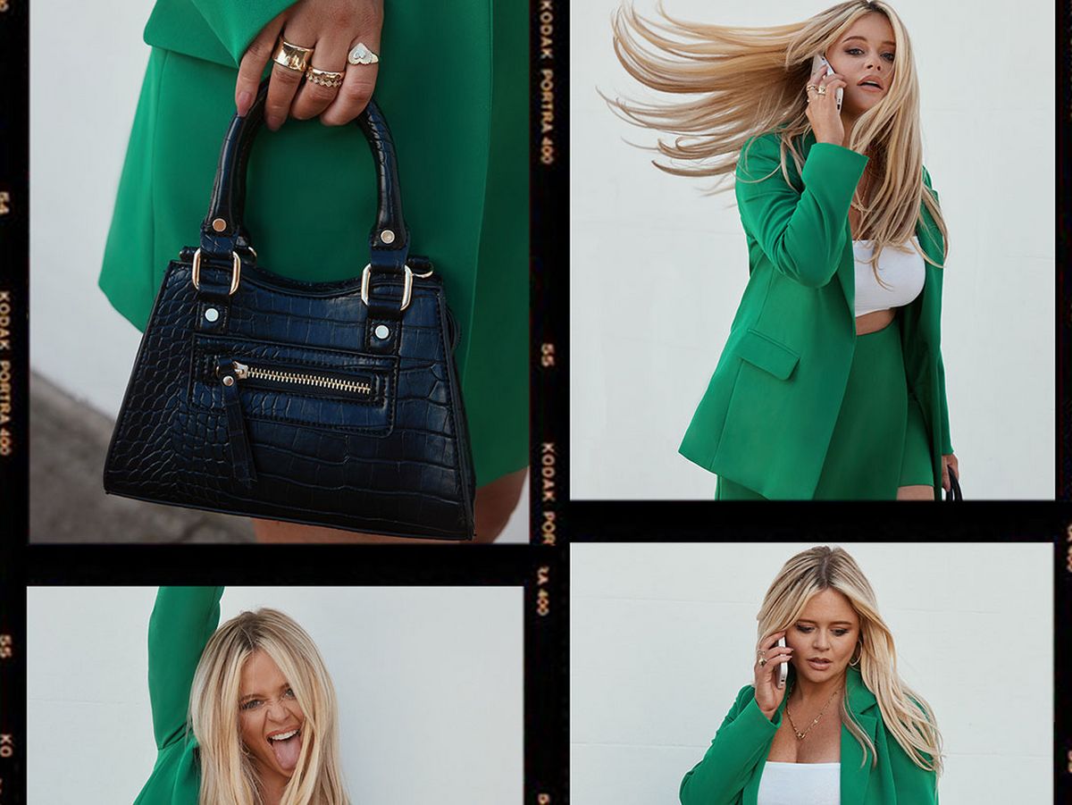 There is a collage of Emily Atack modelling Autumn Outfits