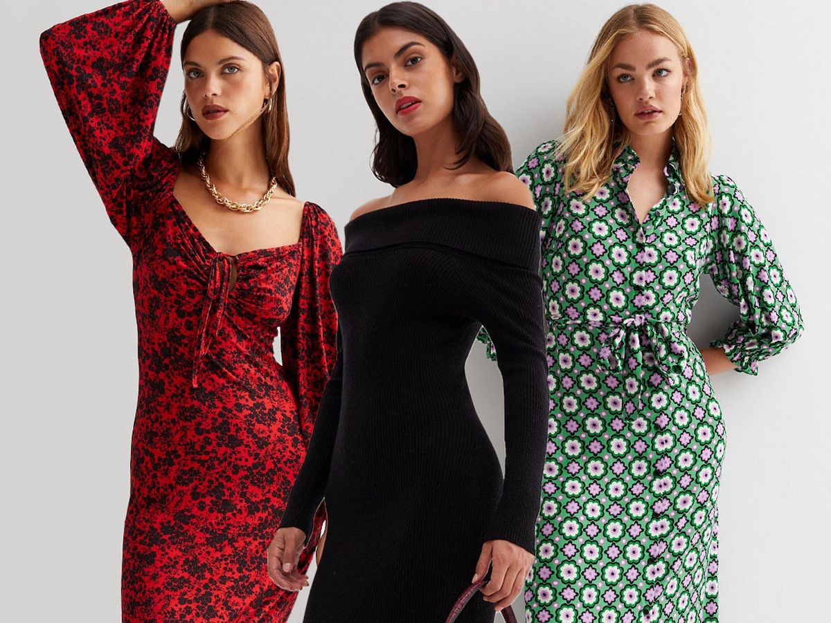 There is a collage of models wearing Autumn Midi Dresses in front of blank backgrounds