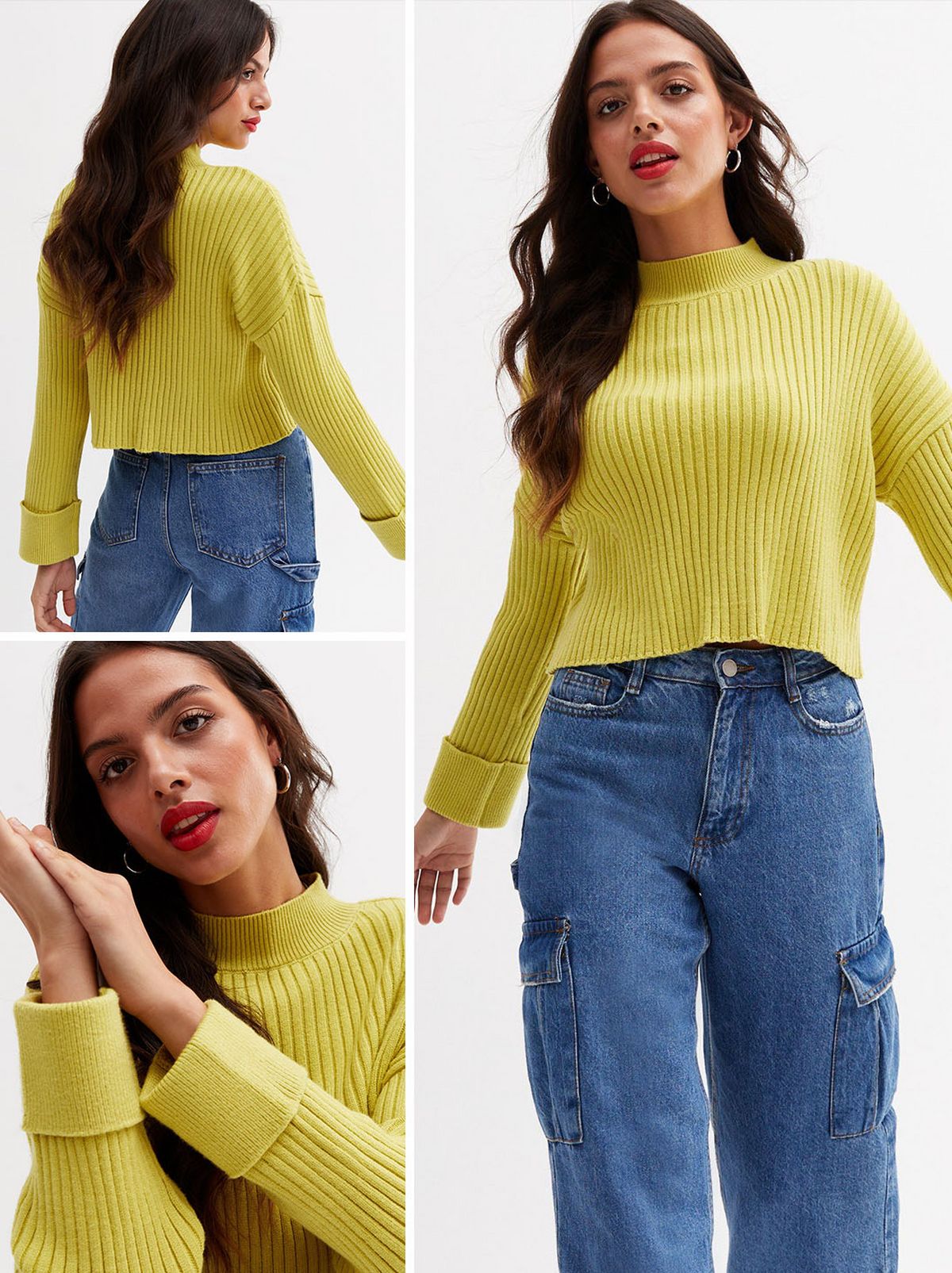 A woman sitting and wearing a green ribbed knit crop jumper and blue jeans