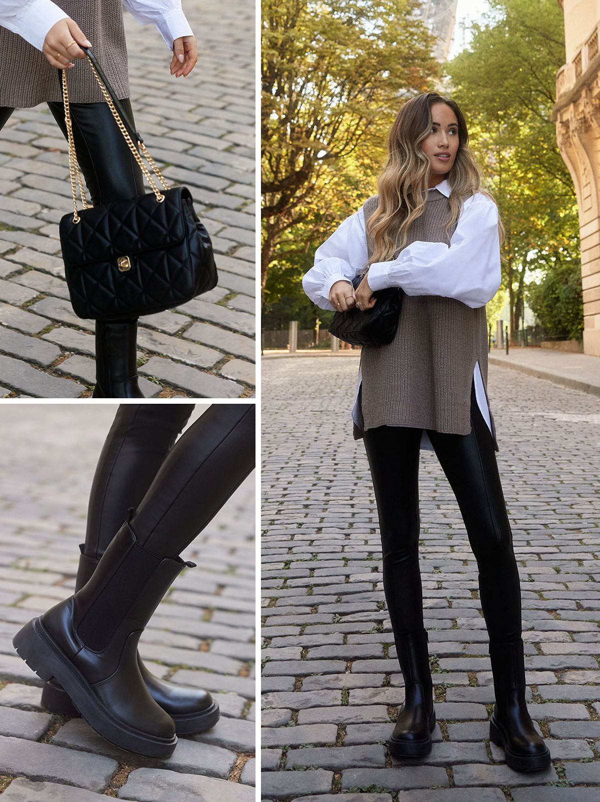 Kate Hutchins stands on a street in Paris, looking into the distance with the Eiffel Tower in the background while she wears a white shirt, a brown knit cardigan and a pair of black leather look tights