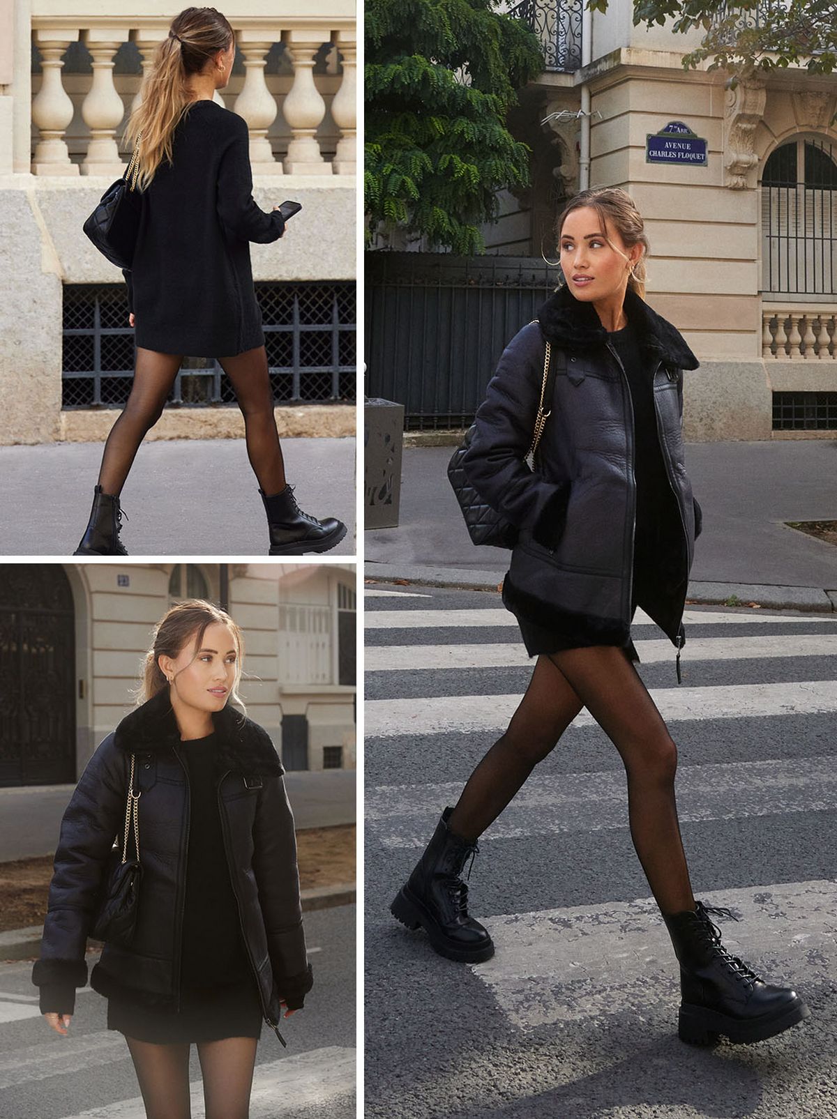 Kate Hutchins walks across the street while wearing a black padded fur lined coat, a pair of tights and a pair of ankle boots