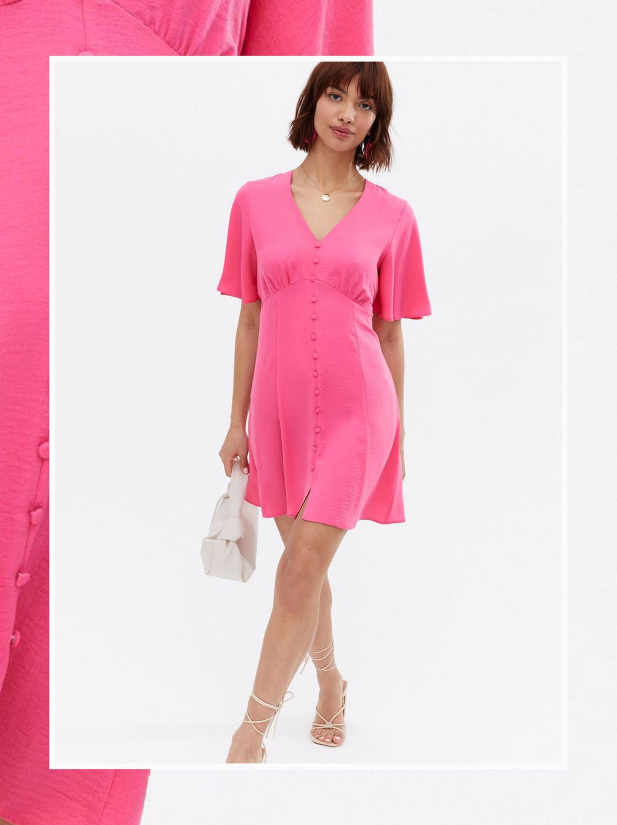 Woman wearing a button front flutter sleeve mini dress