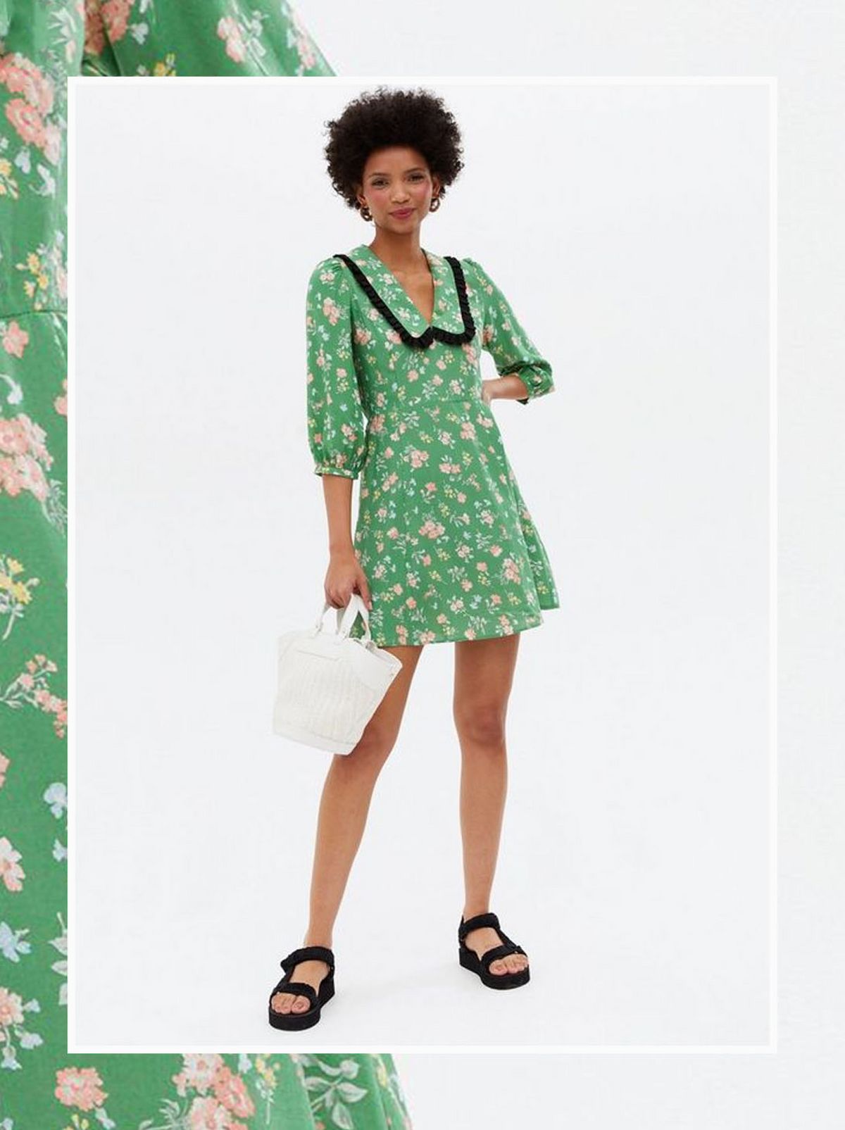 Woman wearing a green floral frill collar mini tea dress