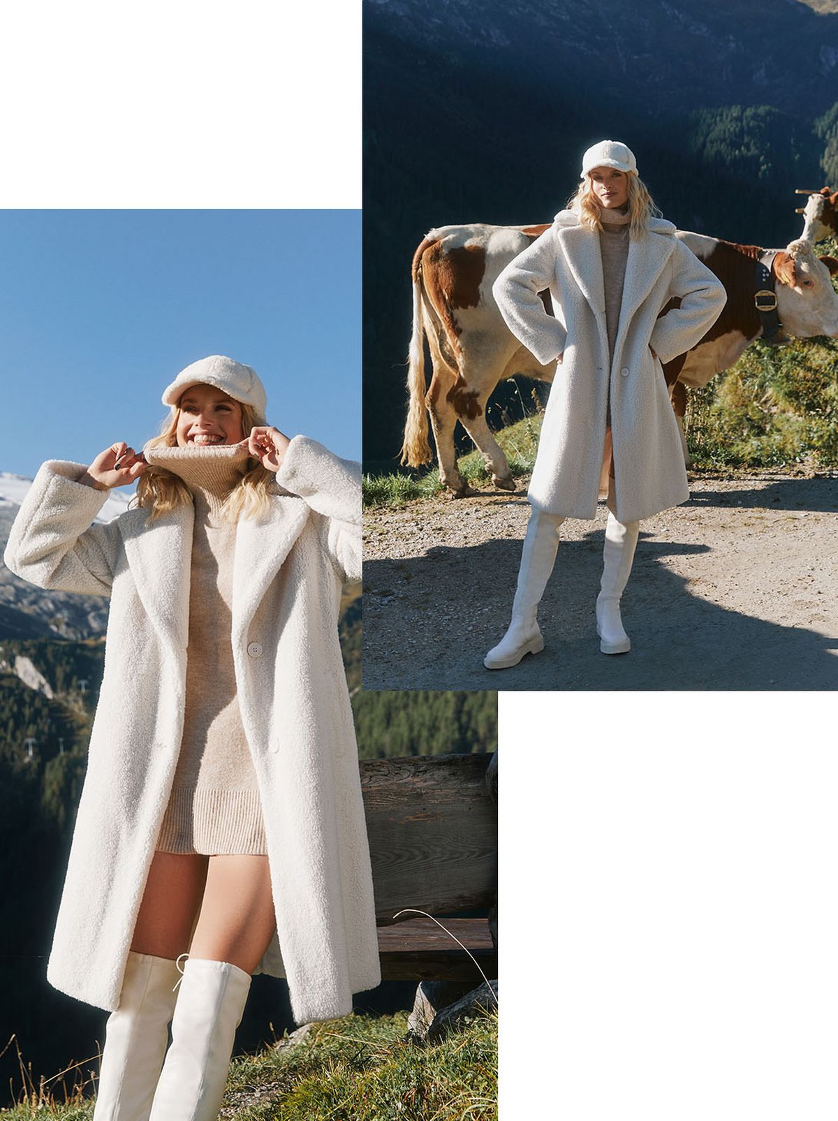 A model stands in front of a cow and some mountains, with their hands in the pockets of their fluffy off white coat, wearing a cream jumper dress and a pair of white boots
