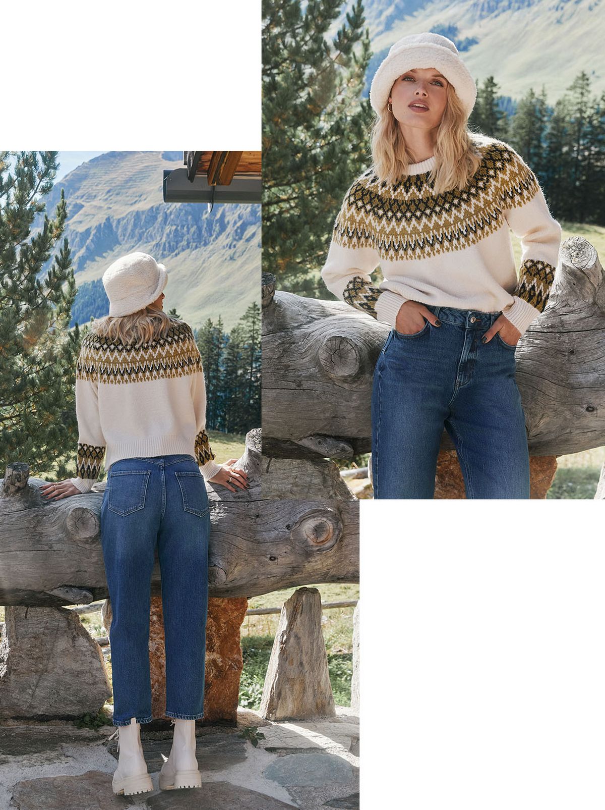 A model looks at the camera wearing a cream bucket hat, a pair of blue straight leg jeans and a chunky patterned knitted jumper