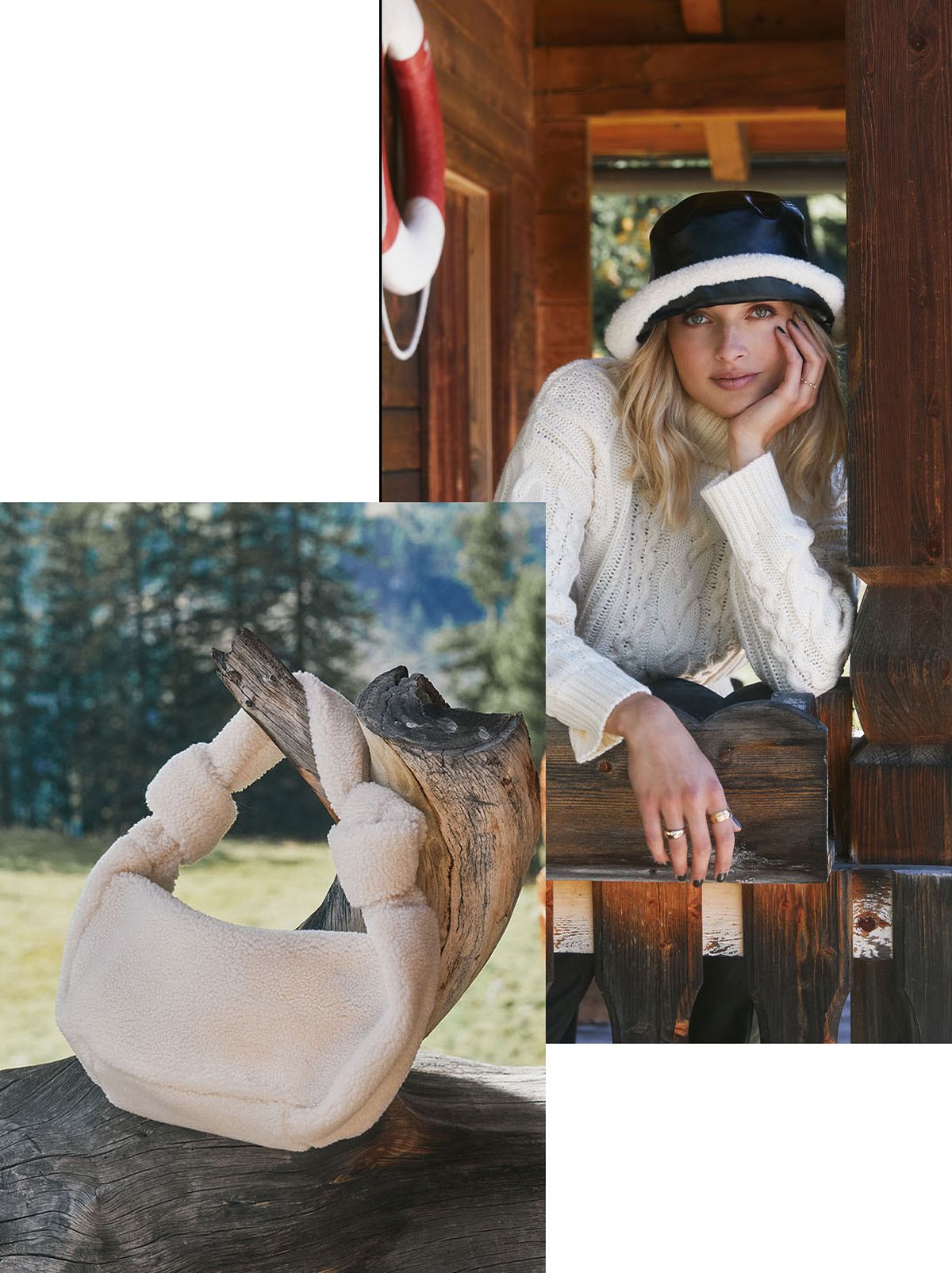 A model leans on a banister looking straight at the camera, wearing a chunky knit jumper and a black hat with a white fluffy trim