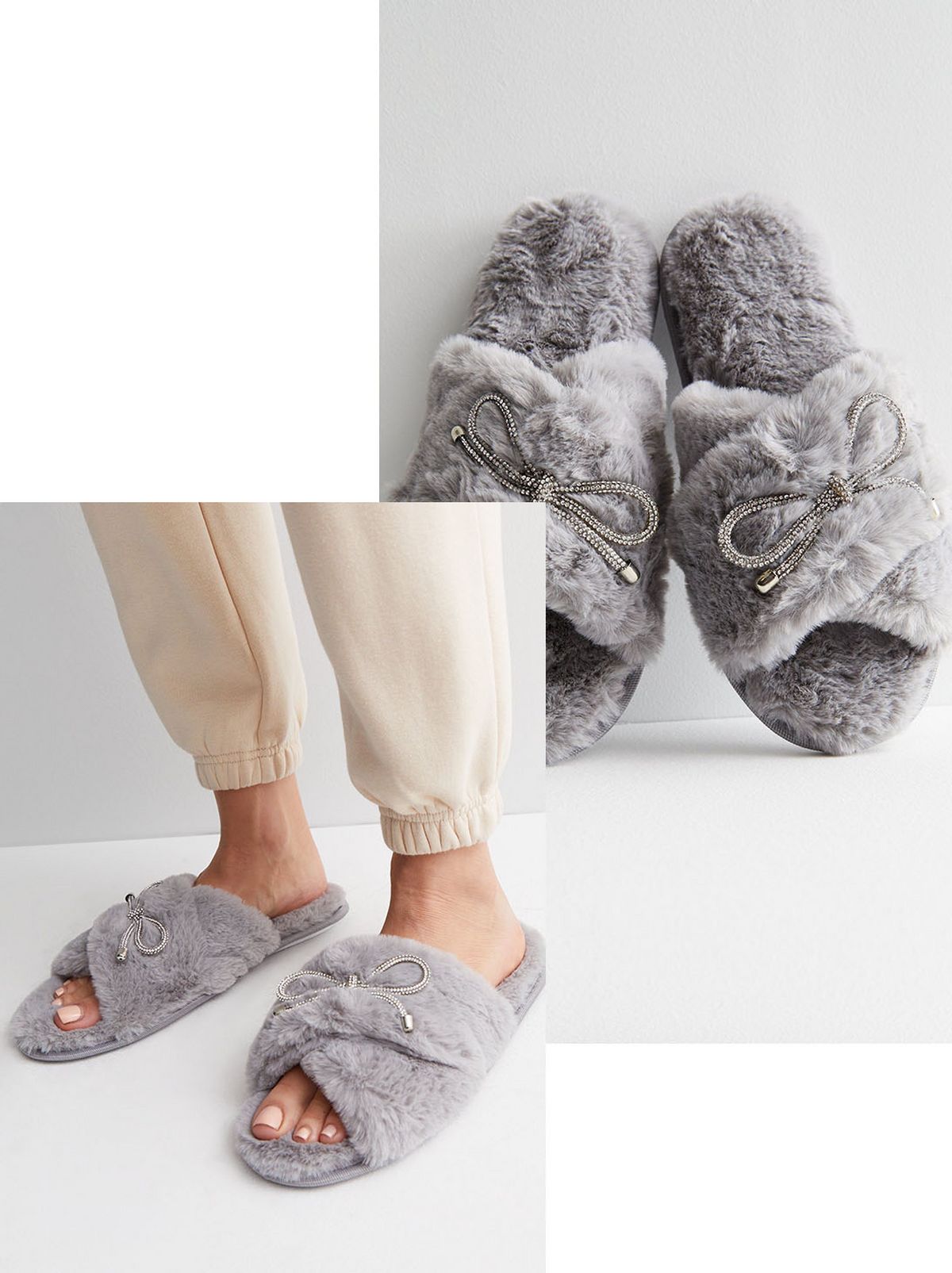 A person wears a pair of pale grey faux fur fluffy slippers on a white floor in front of a white background