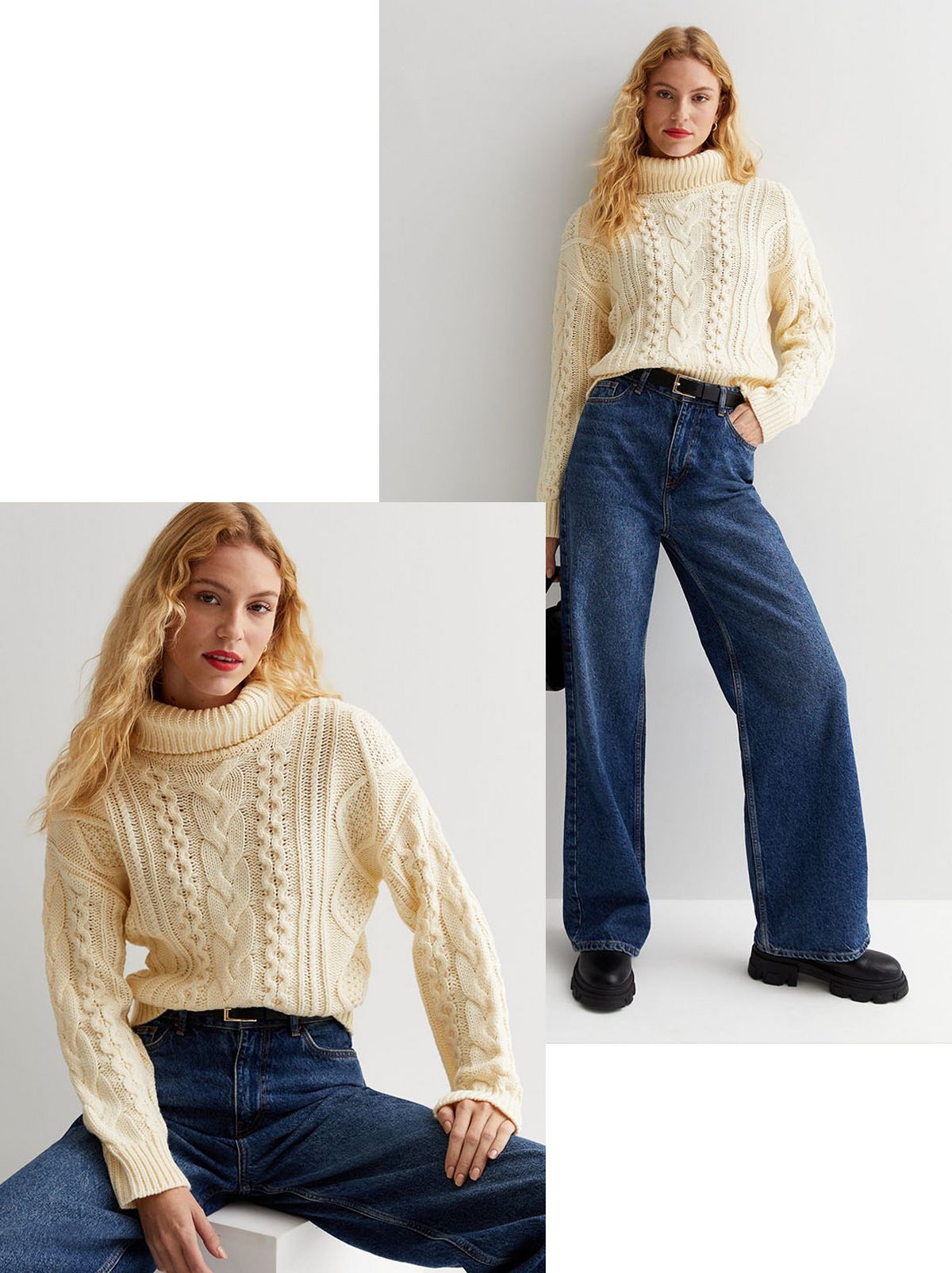 A model sits on a white block in front of a white background, looking at the camera as she wears an off white cable knit roll neck jumper and a pair of blue jeans