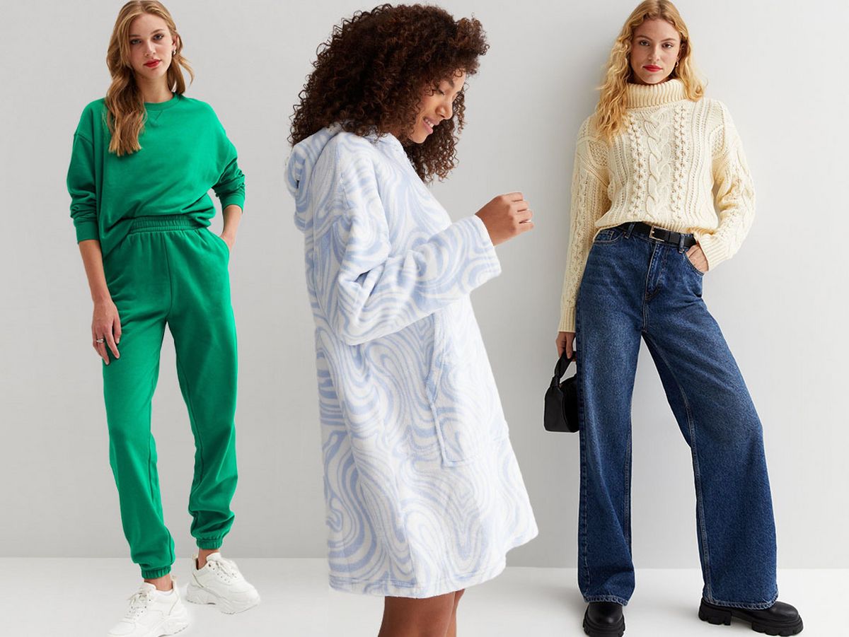 A collage of models wearing different block colored comfy clothes including hoodies, pyjamas and sweatpants