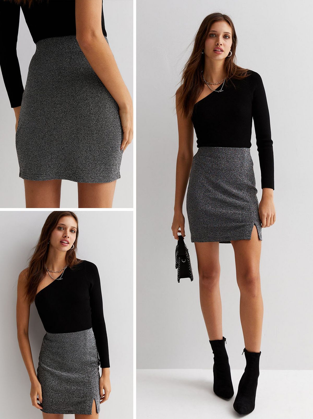 A model is standing looking at the camera in front of a white background wearing a grey glitter mini skirt and a black asymmetric long sleeve top on one sleeve and sleeveless on the other