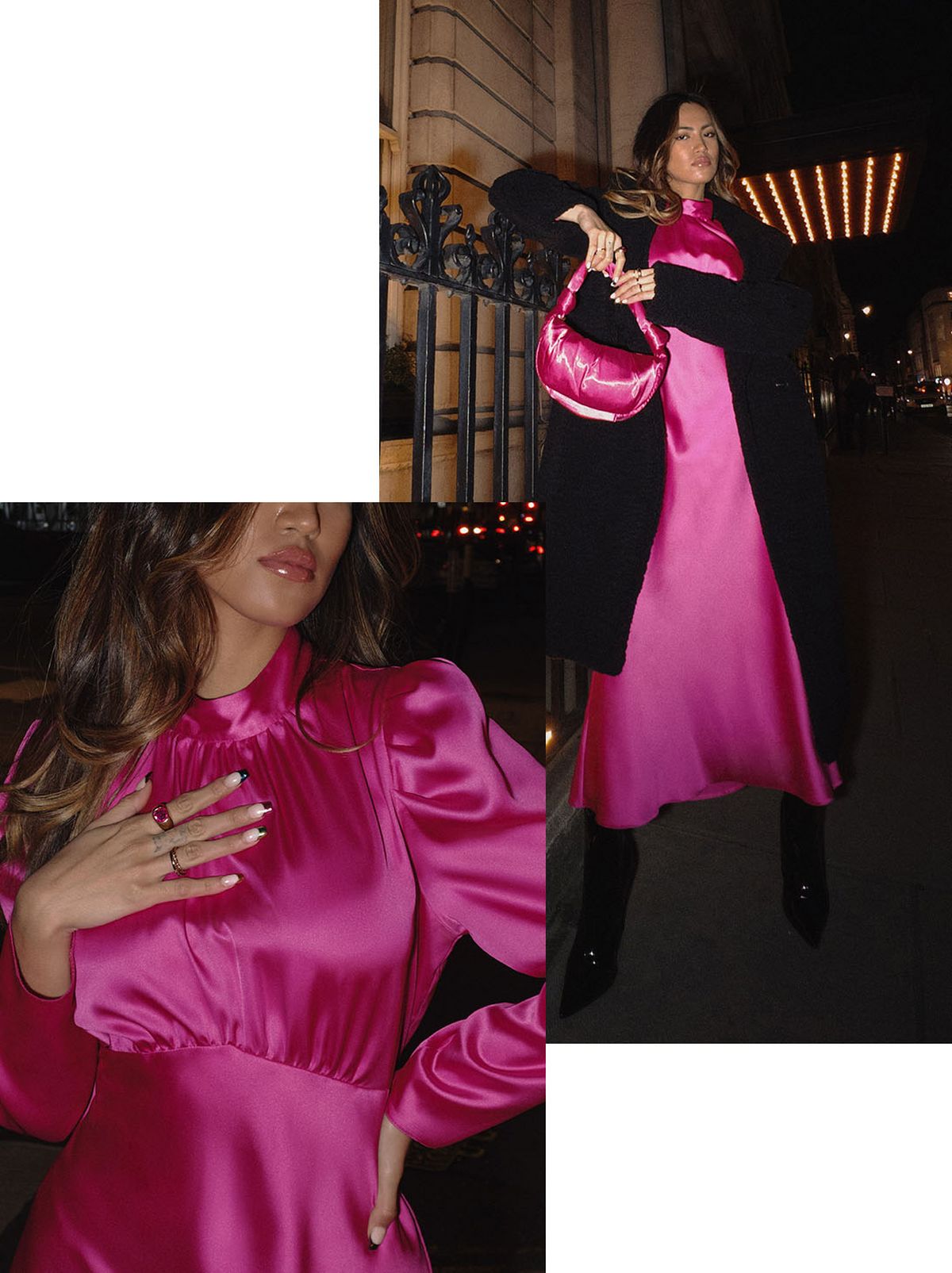 A model stands in the street looking away from the camera while wearing a satin midi long sleeve dress and a black furry longline coat