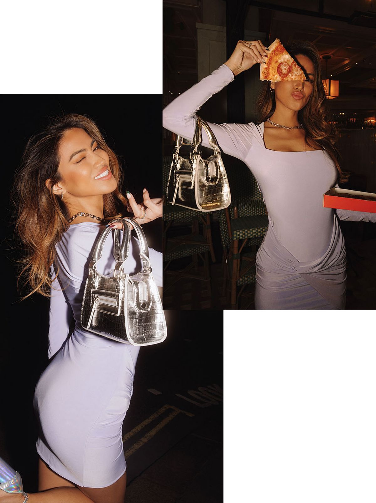 A model is smiling looking back at the camera with one leg kicked up behind her, wearing a lilac bodycon midi dress